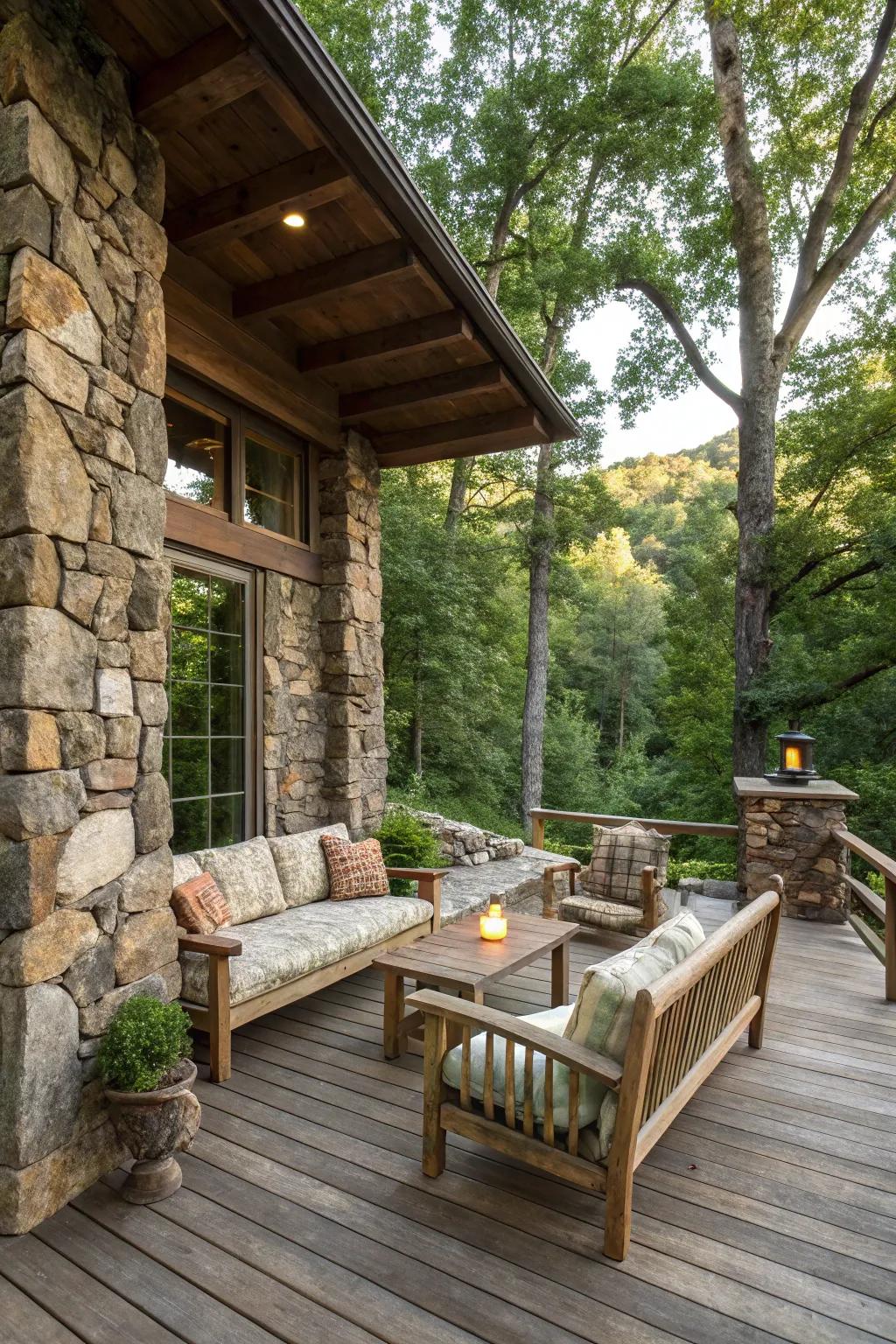 Rock details deliver texture and charm to this country-style veranda.