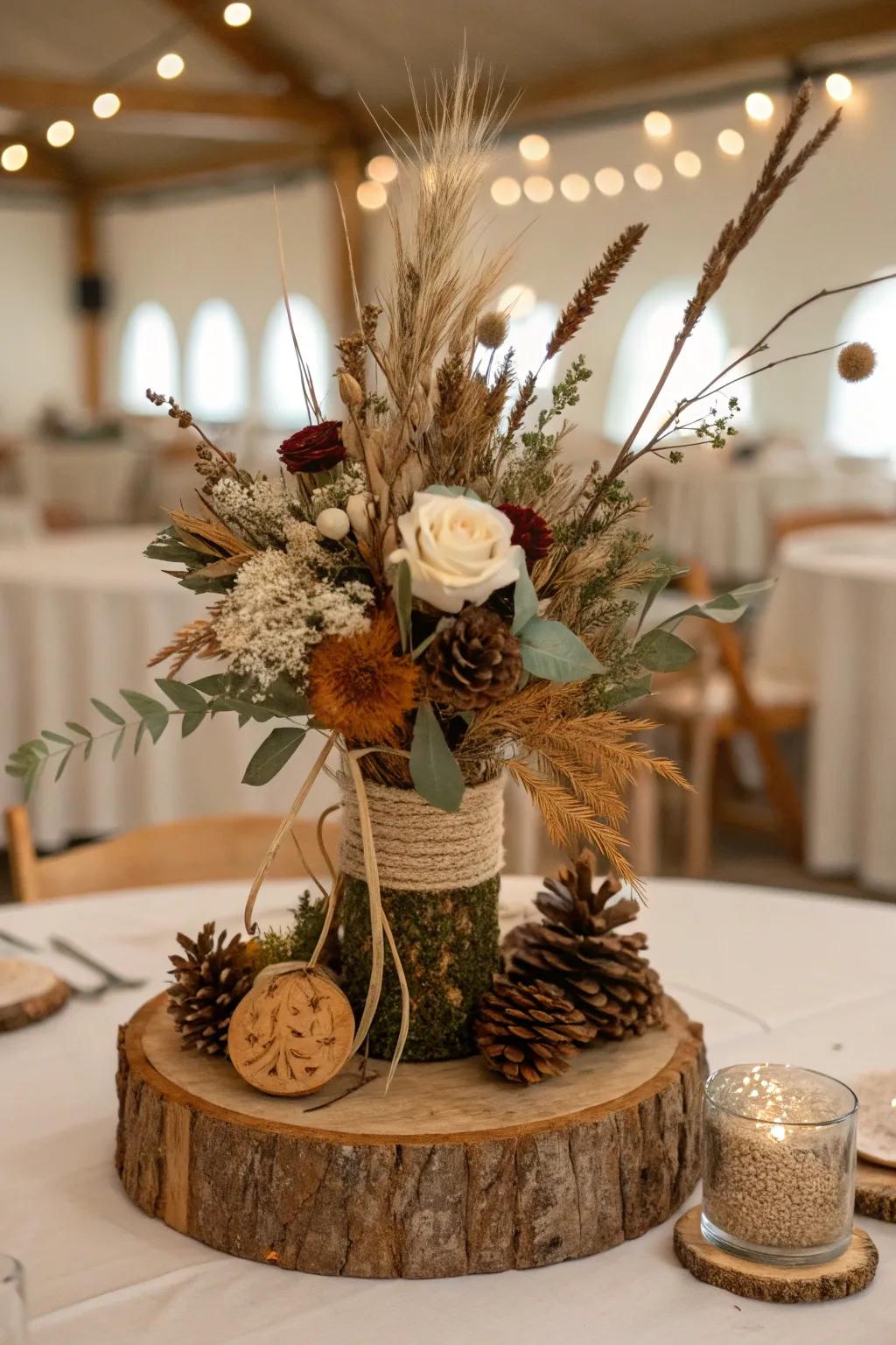 Desiccated greenery centerpiece for a countryside aesthetic