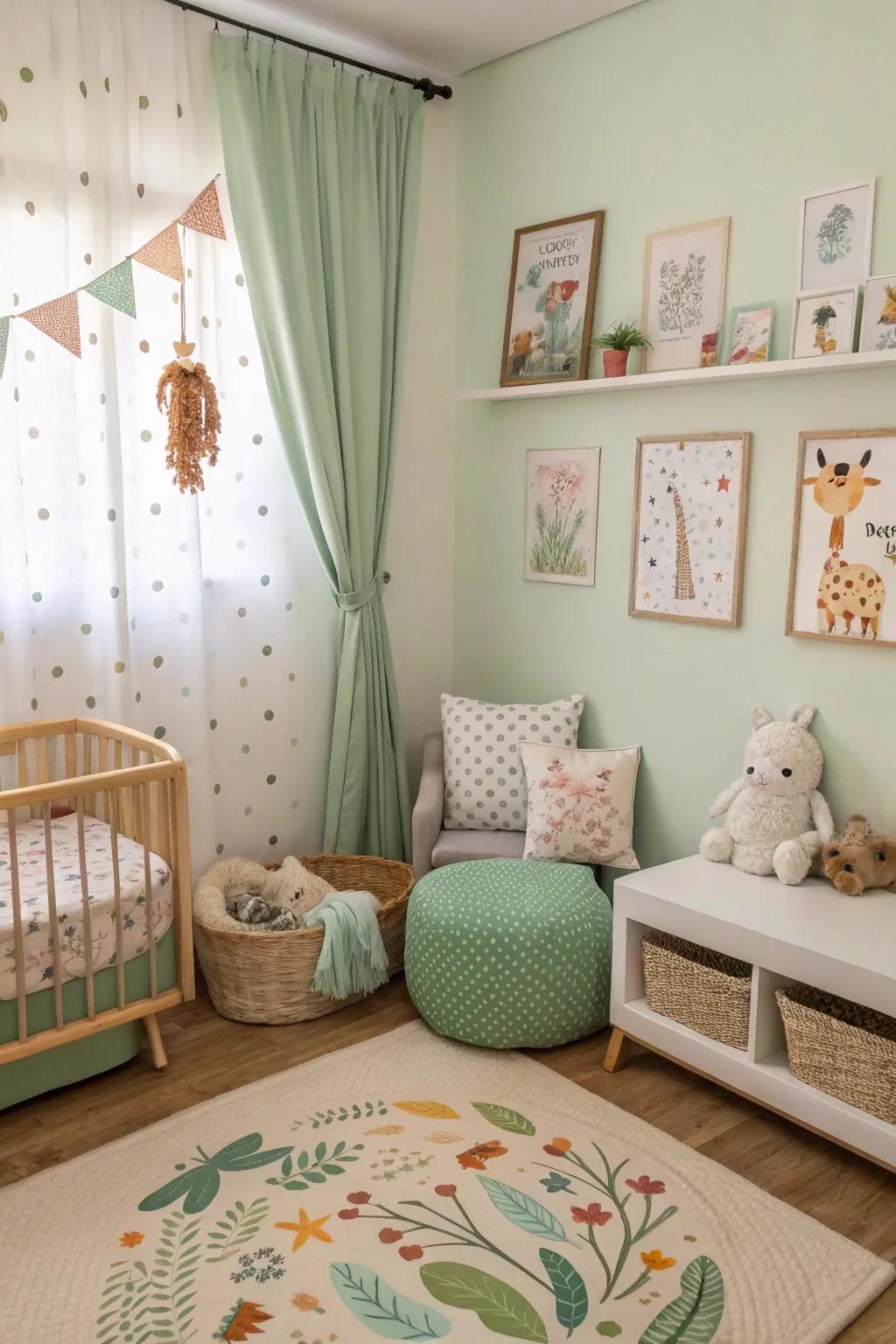 Whimsical animal themes bring playfulness to a sage green nursery.