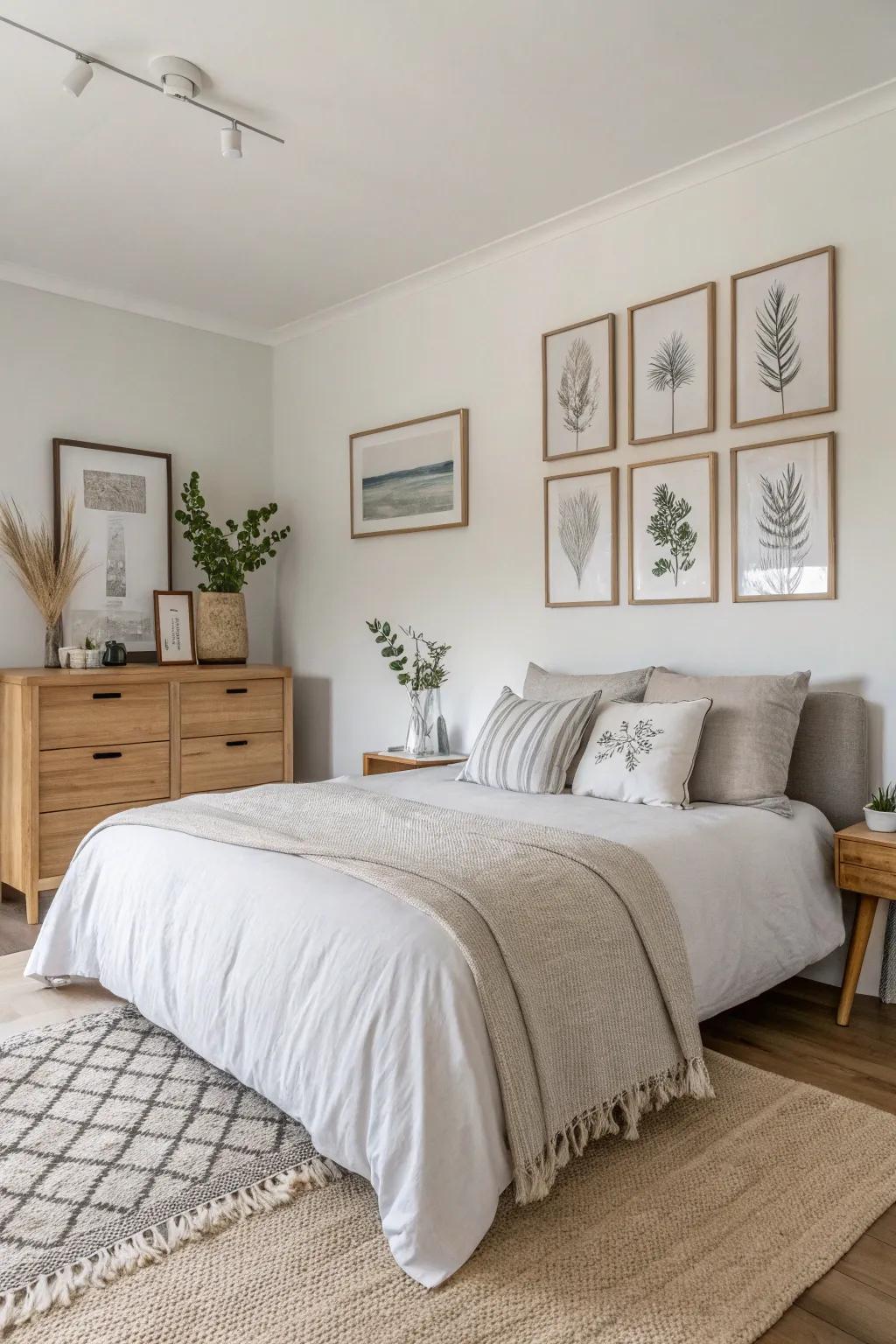 A bedroom with neutral toned canvases and Scandinavian decor