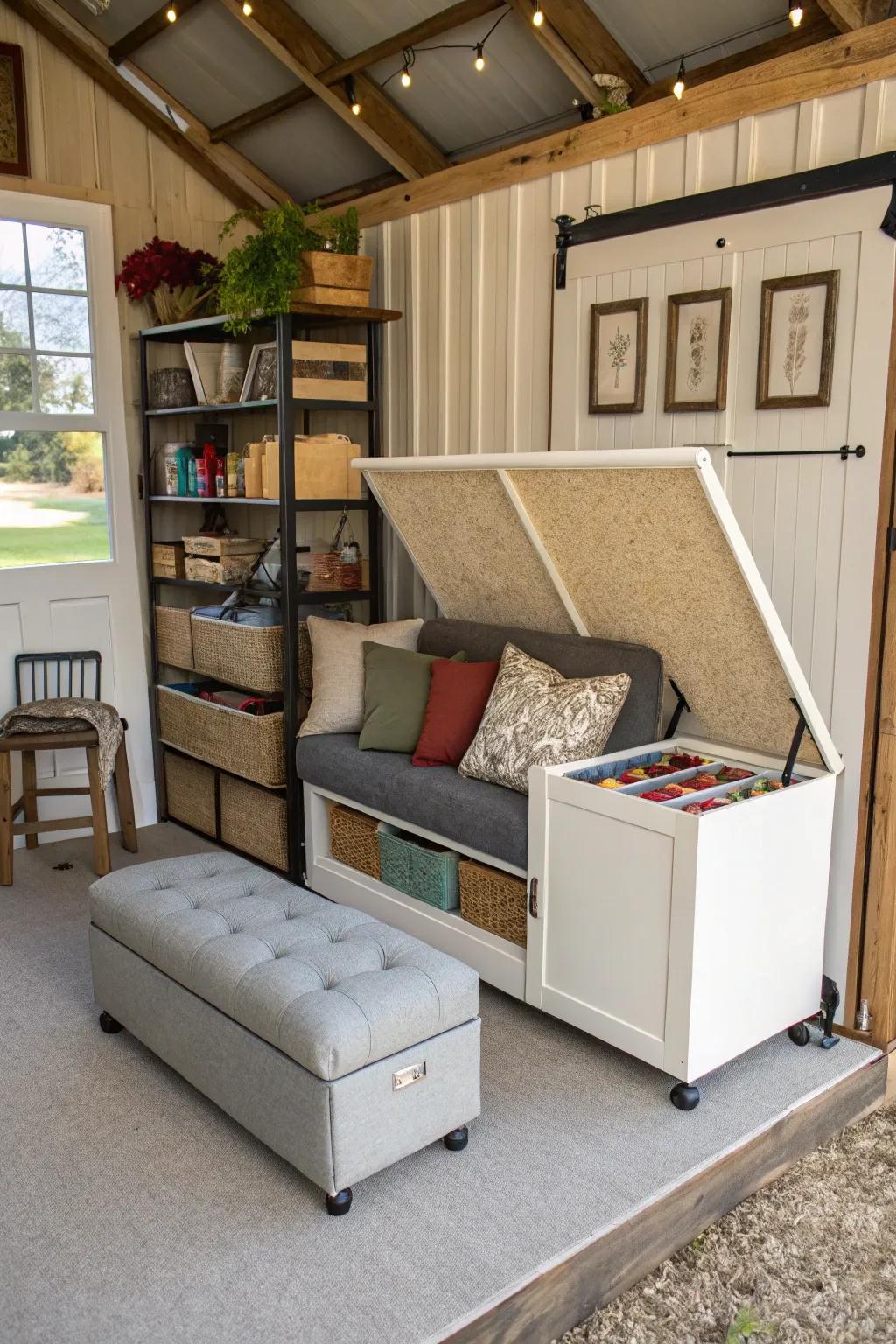 A shed home interior featuring multi-functional furniture like a storage ottoman.