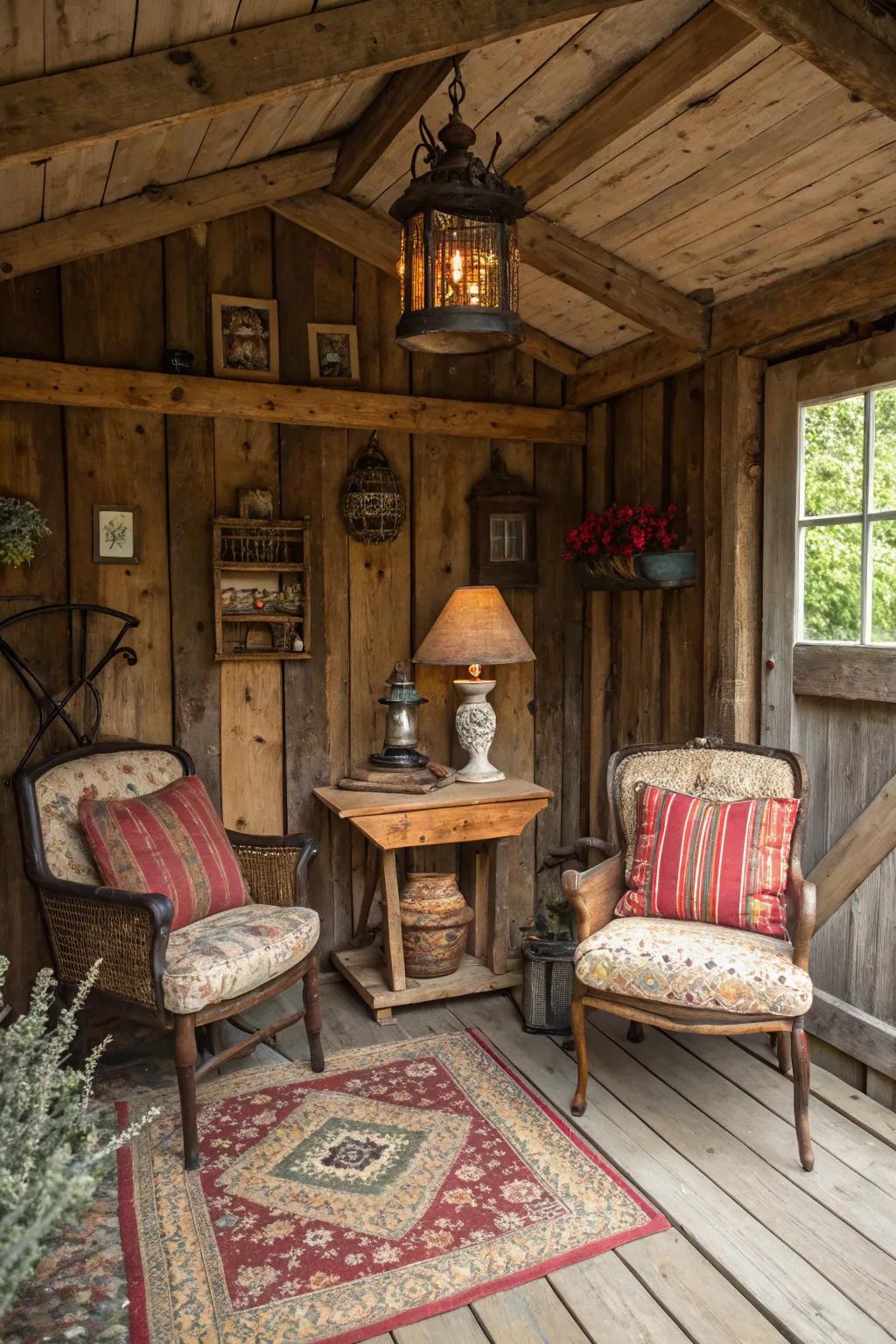 A shed transformed into a rustic retreat with vintage charm.