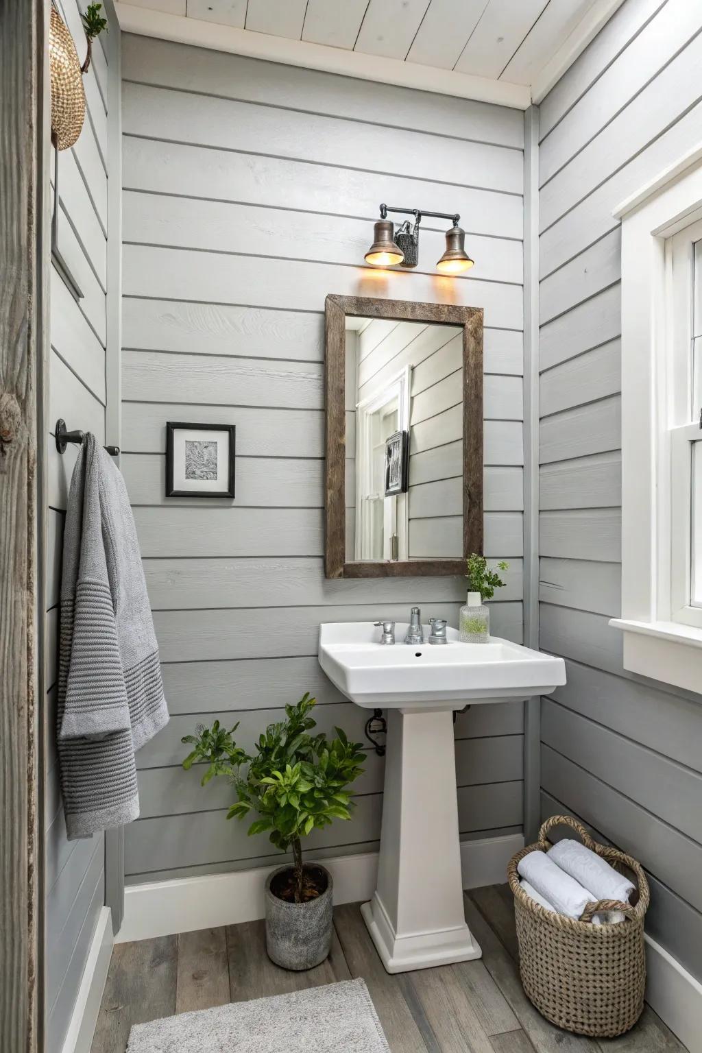 A bathroom with gray shiplap walls for a neutral look.