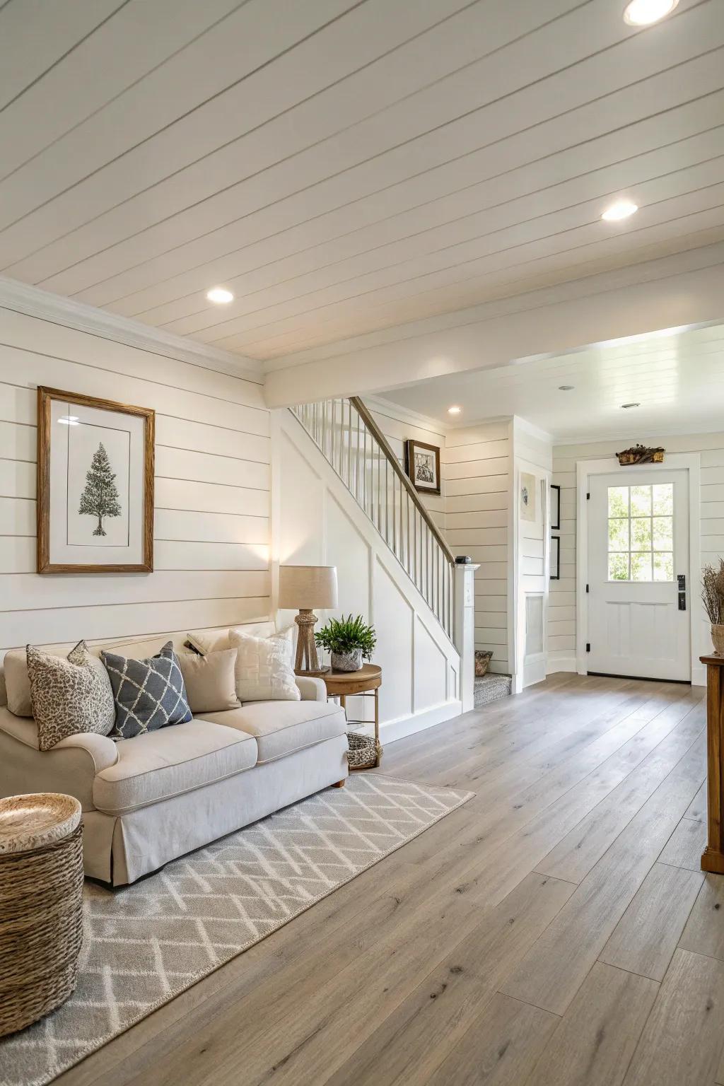 Brightening up the basement with neutral shiplap.