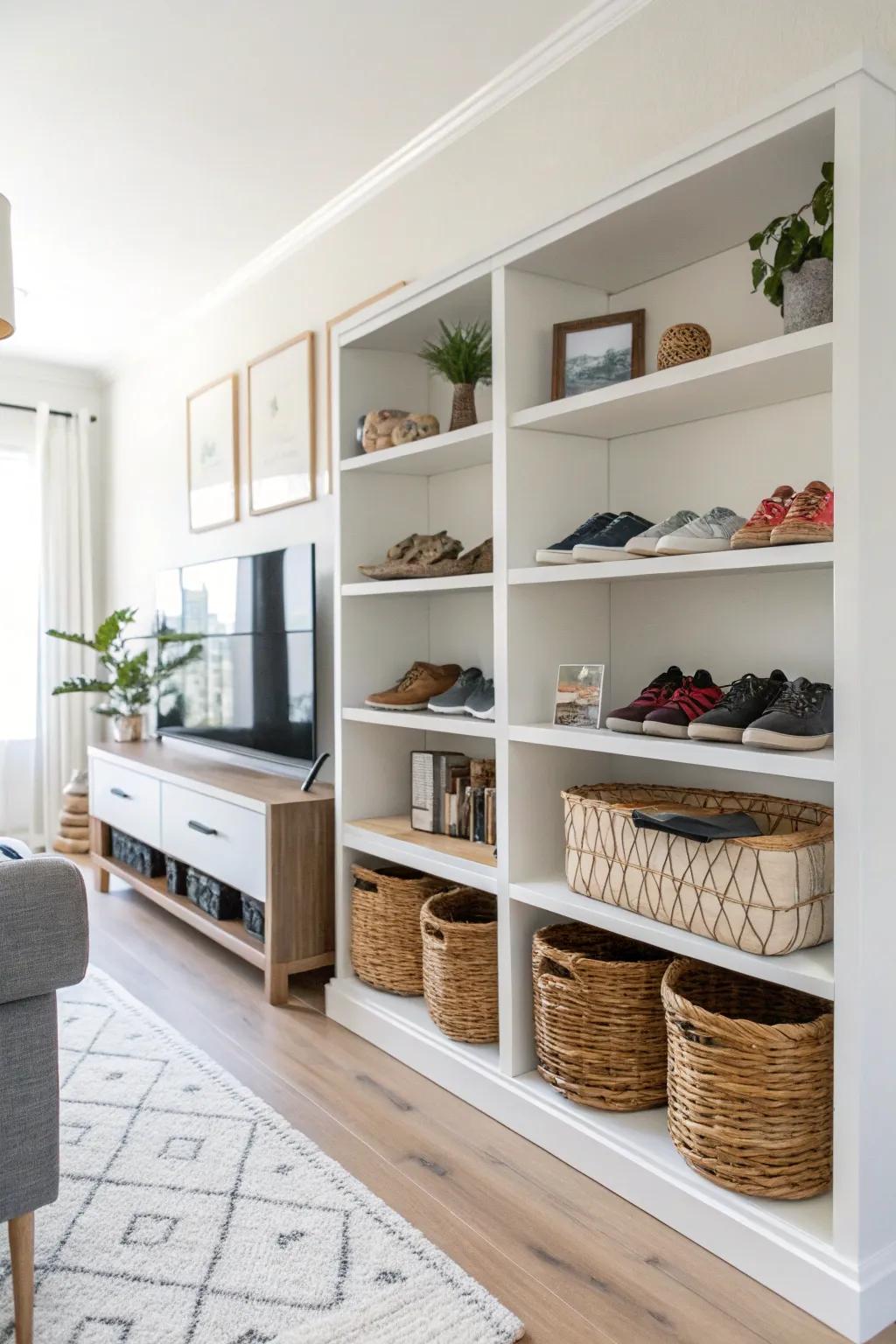 Open shelves with baskets offer both display and storage for shoes.