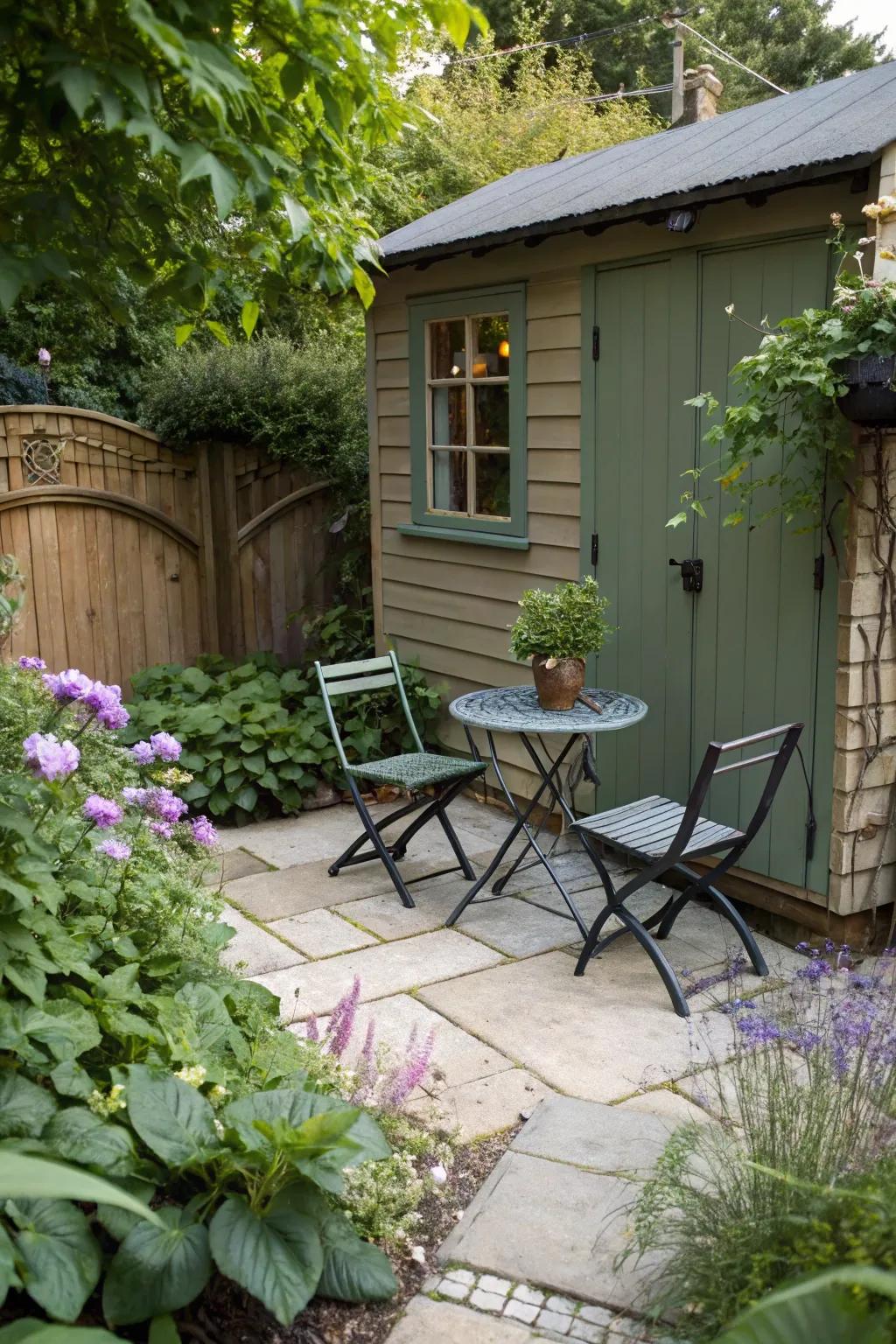 A patio area adds a functional extension to your shed.