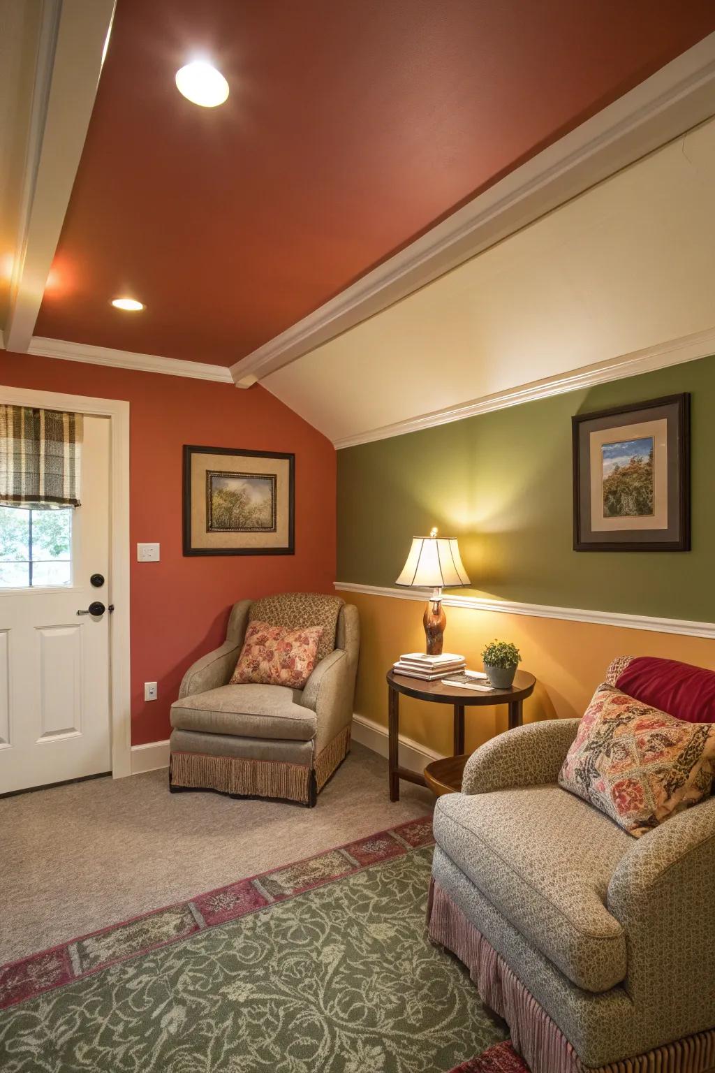 Color drenched skirting boards create a cohesive look in smaller rooms.