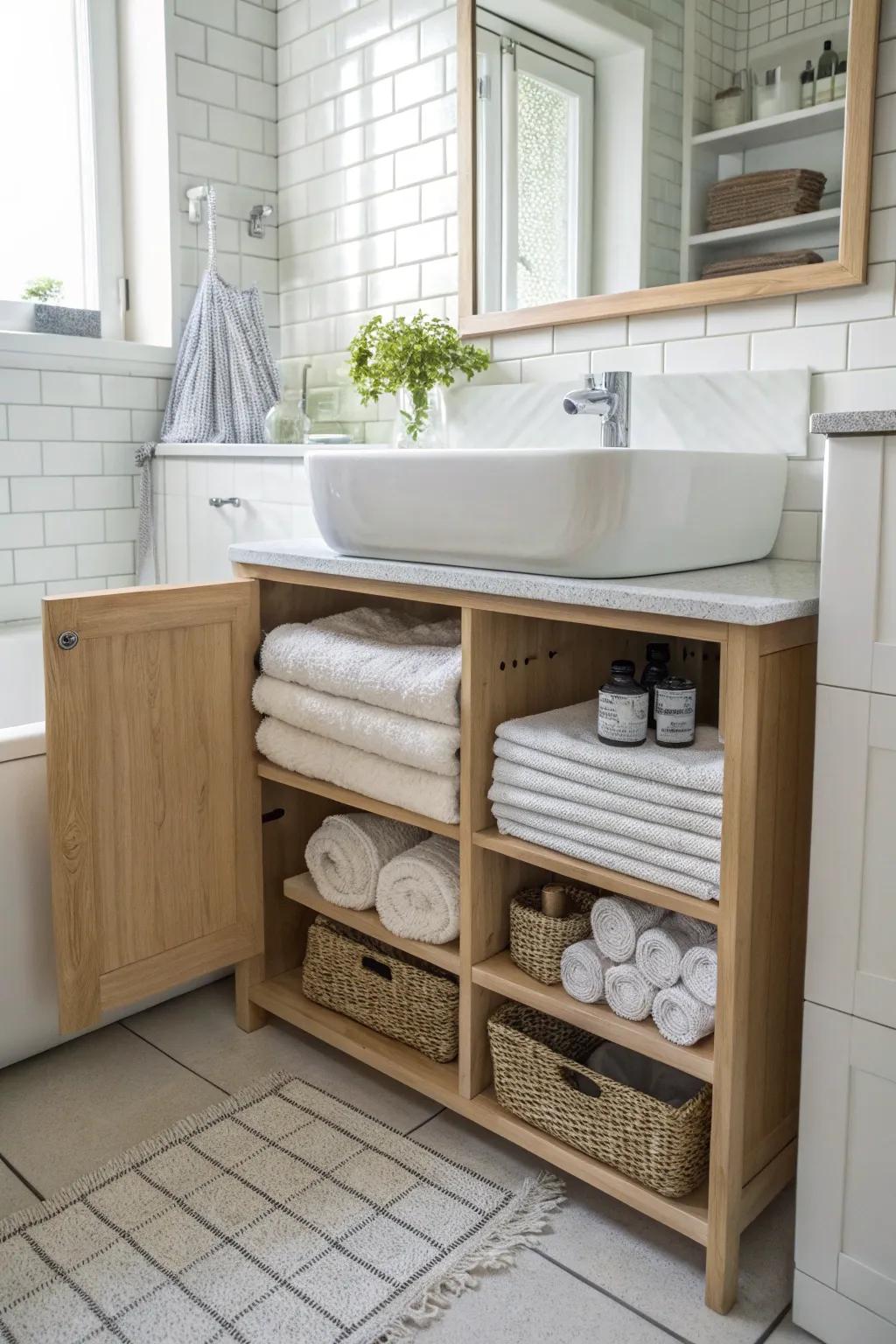 Store towels out of sight with below-sink cabinets.
