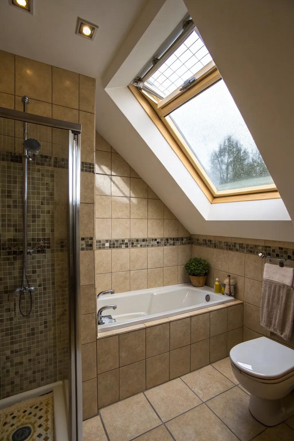 A skylight introduces natural light, enhancing the bathroom's ambiance.