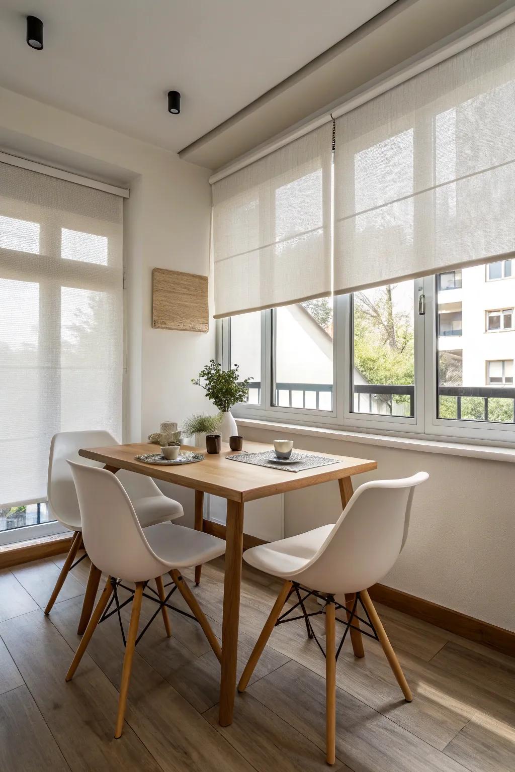 Roller shades deliver a sleek and minimalist aesthetic.