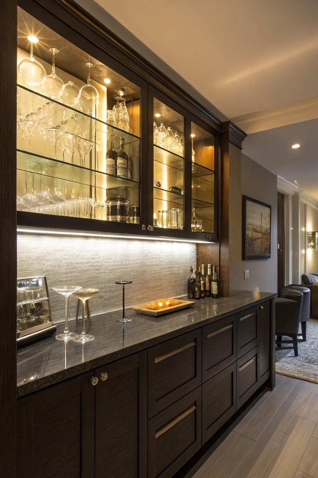 Under-cabinet lighting creating a cozy atmosphere in a small wet bar.