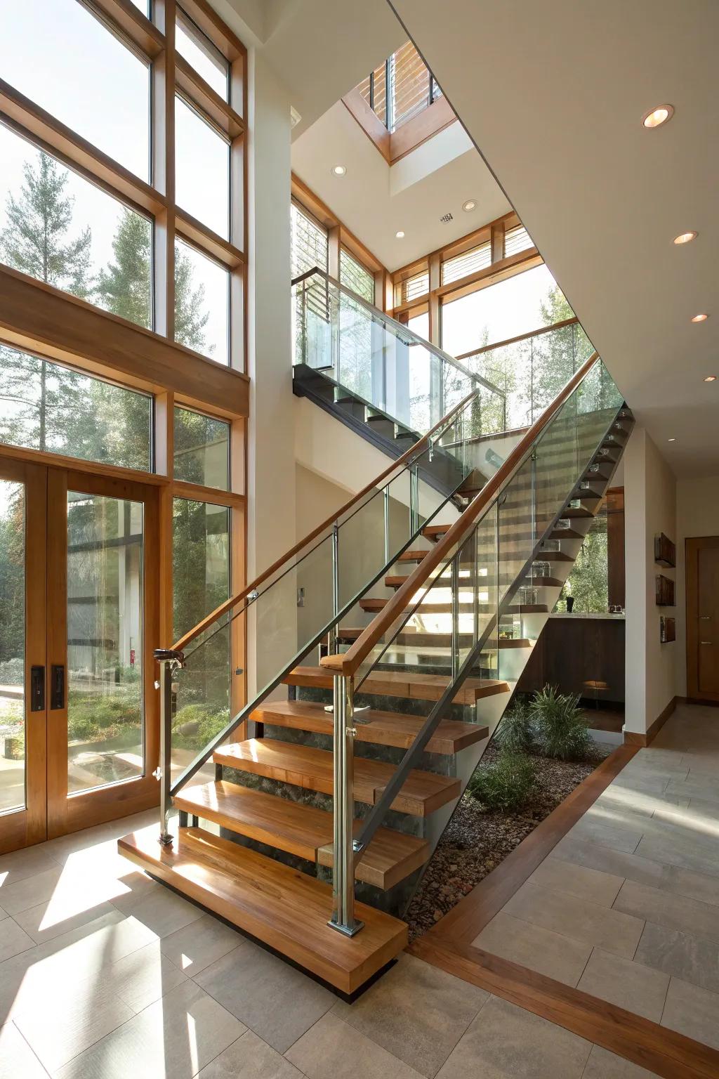 A contemporary staircase design using mixed materials for a striking effect.