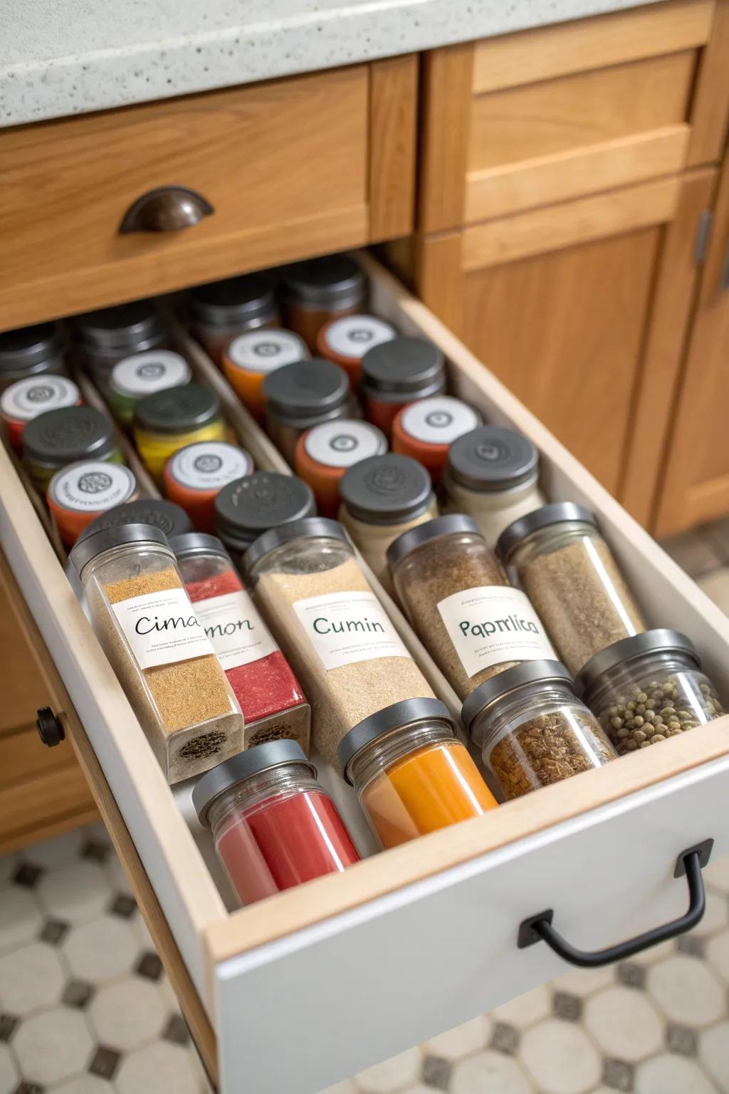 Customized drawer organizer keeping spices in order.