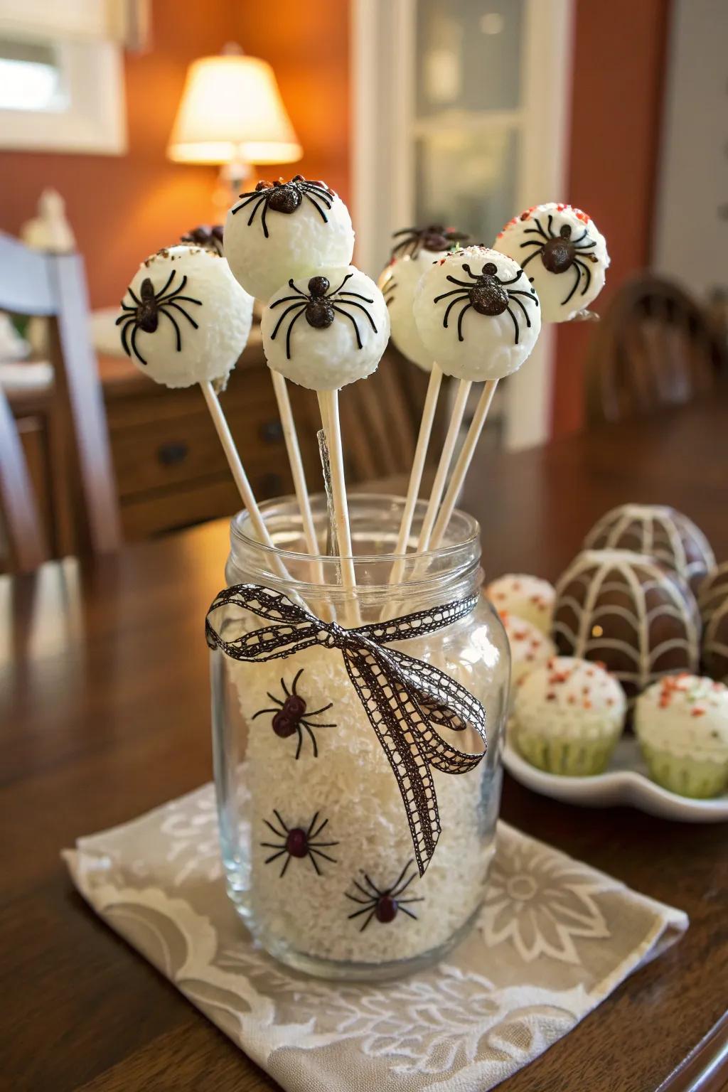 Cute and creepy spider cake pops.