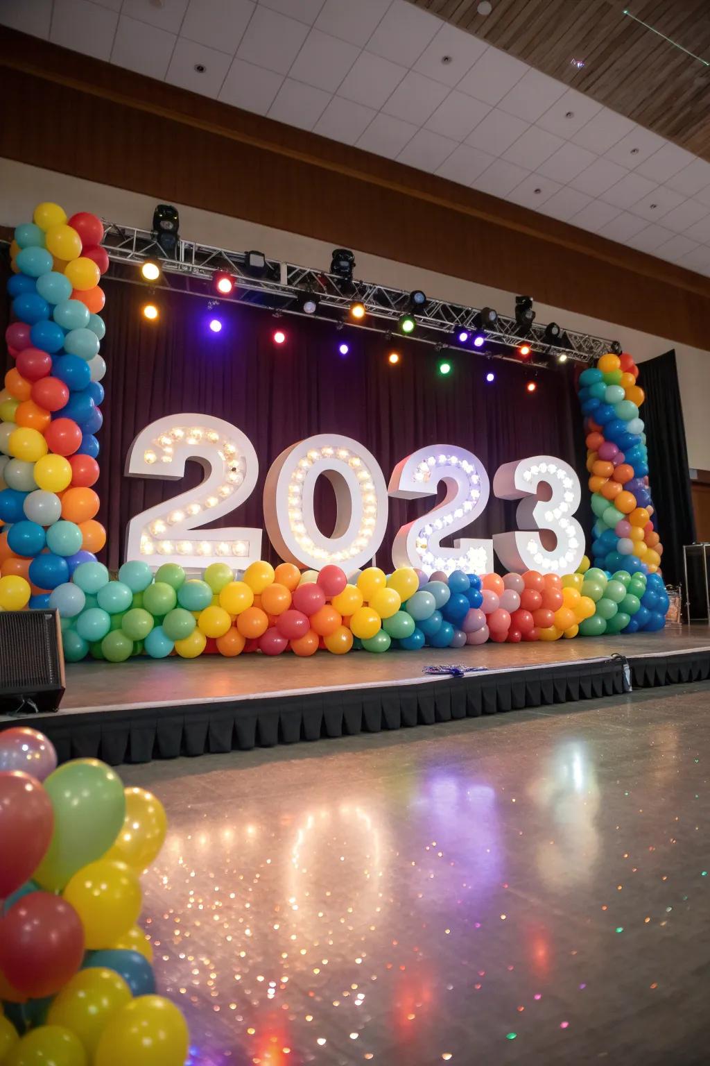A New Year's Eve stage showcasing '2023' in balloon ornamentation.
