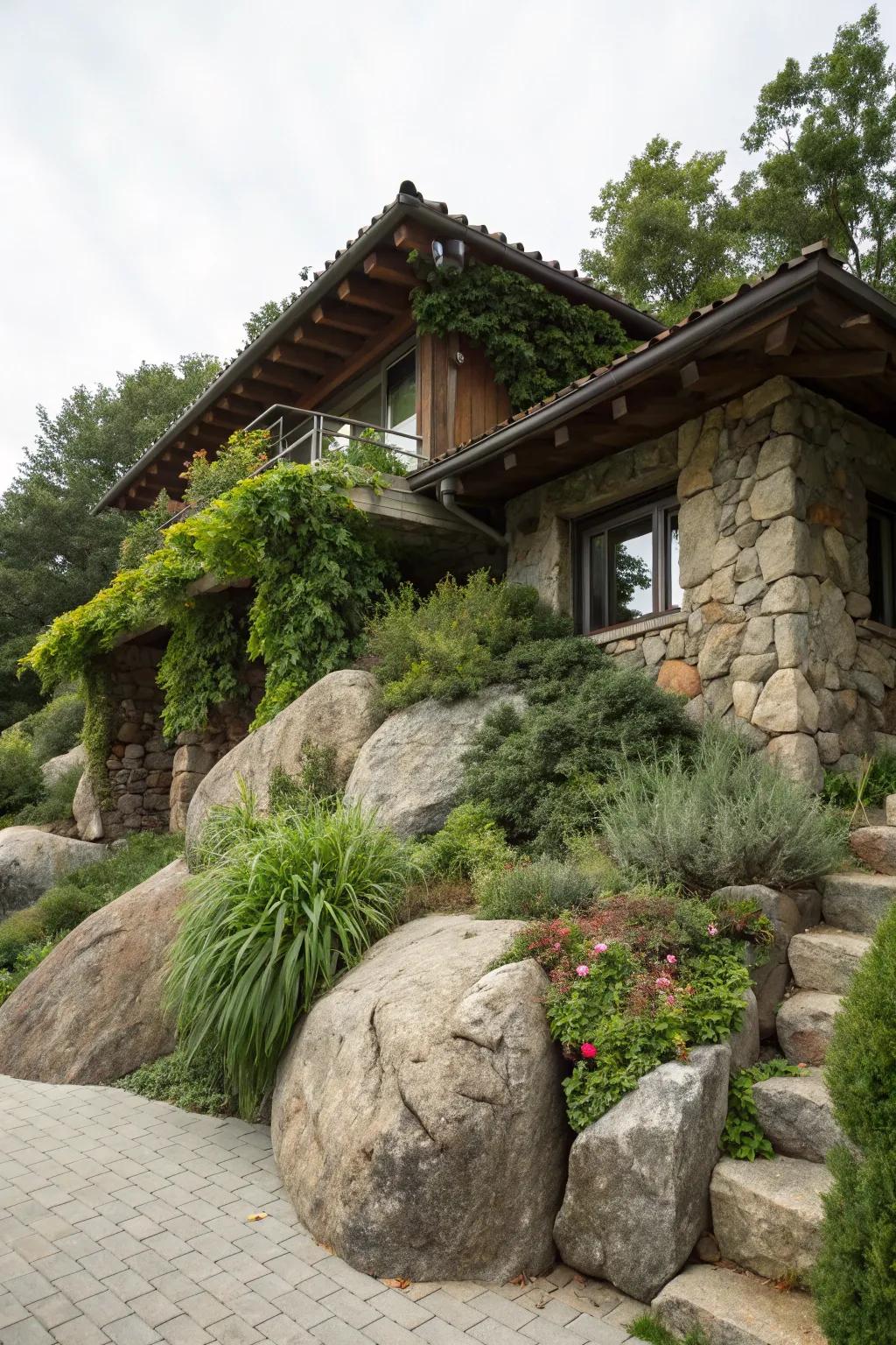A residence impeccably amalgamated with natural rock configurations.