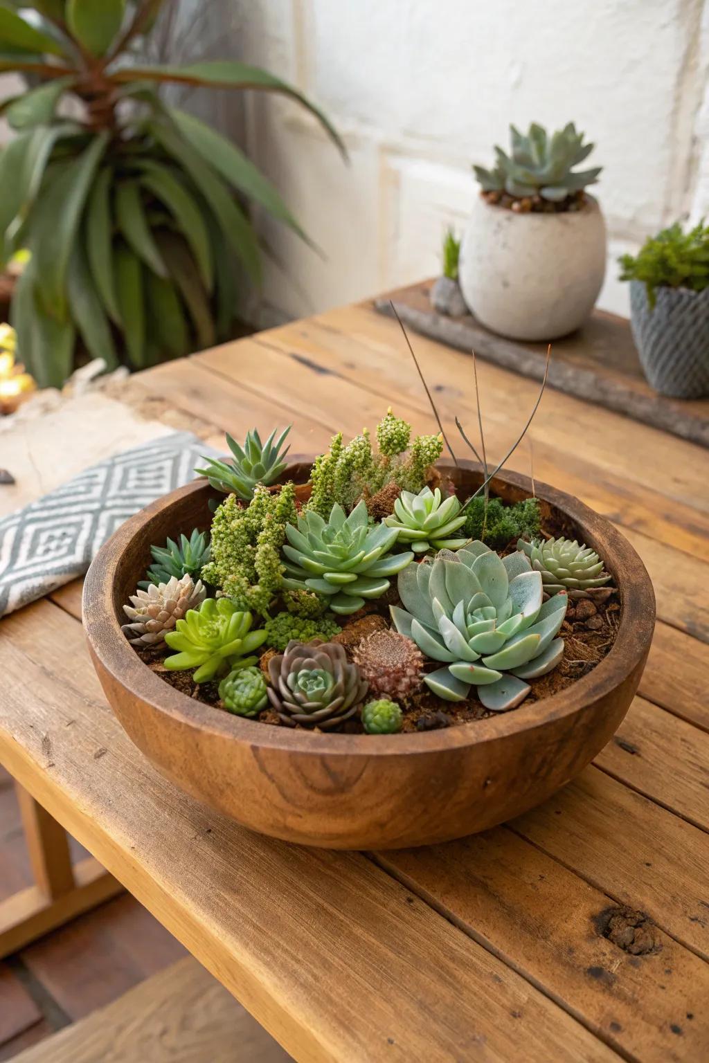 A rustic succulent display showcased in an appealing wooden bowl.