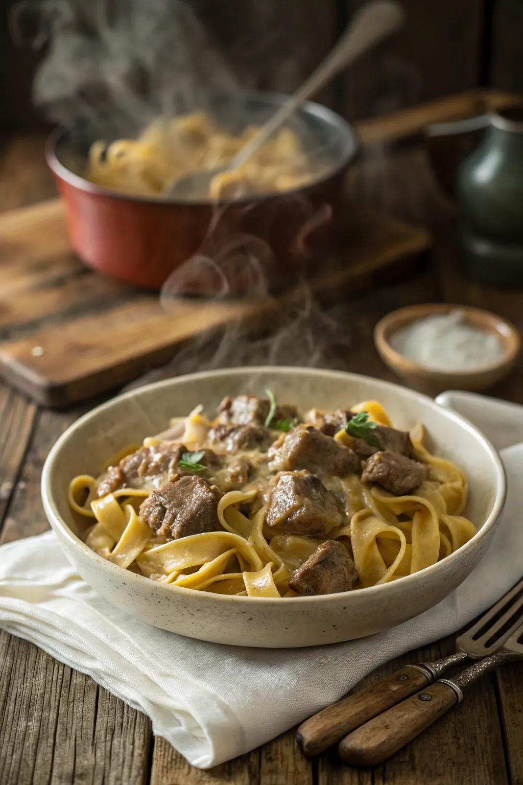 Classic beef stroganoff bake, an homage to traditional comfort fare.