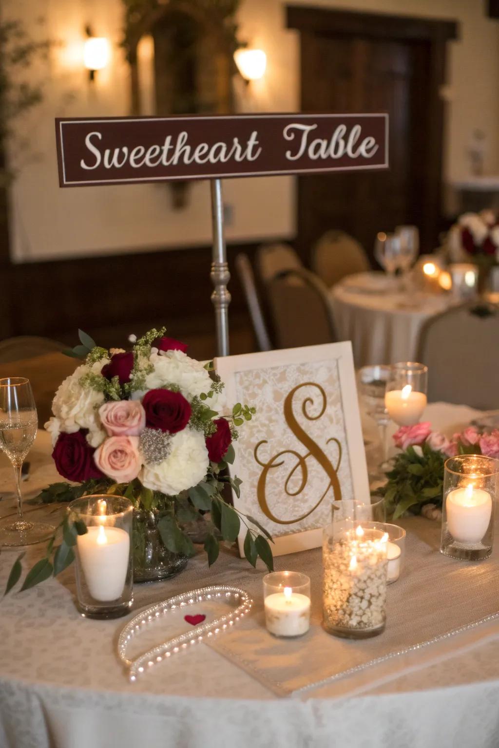 A sweetheart table featuring personalized signs and monograms for a unique touch.