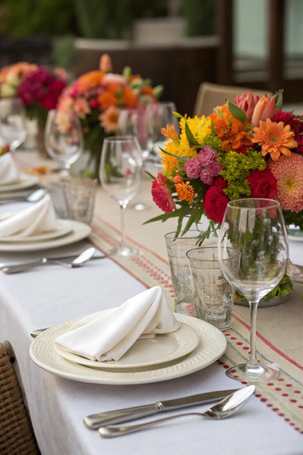 Matching centerpieces and napkins create harmony.