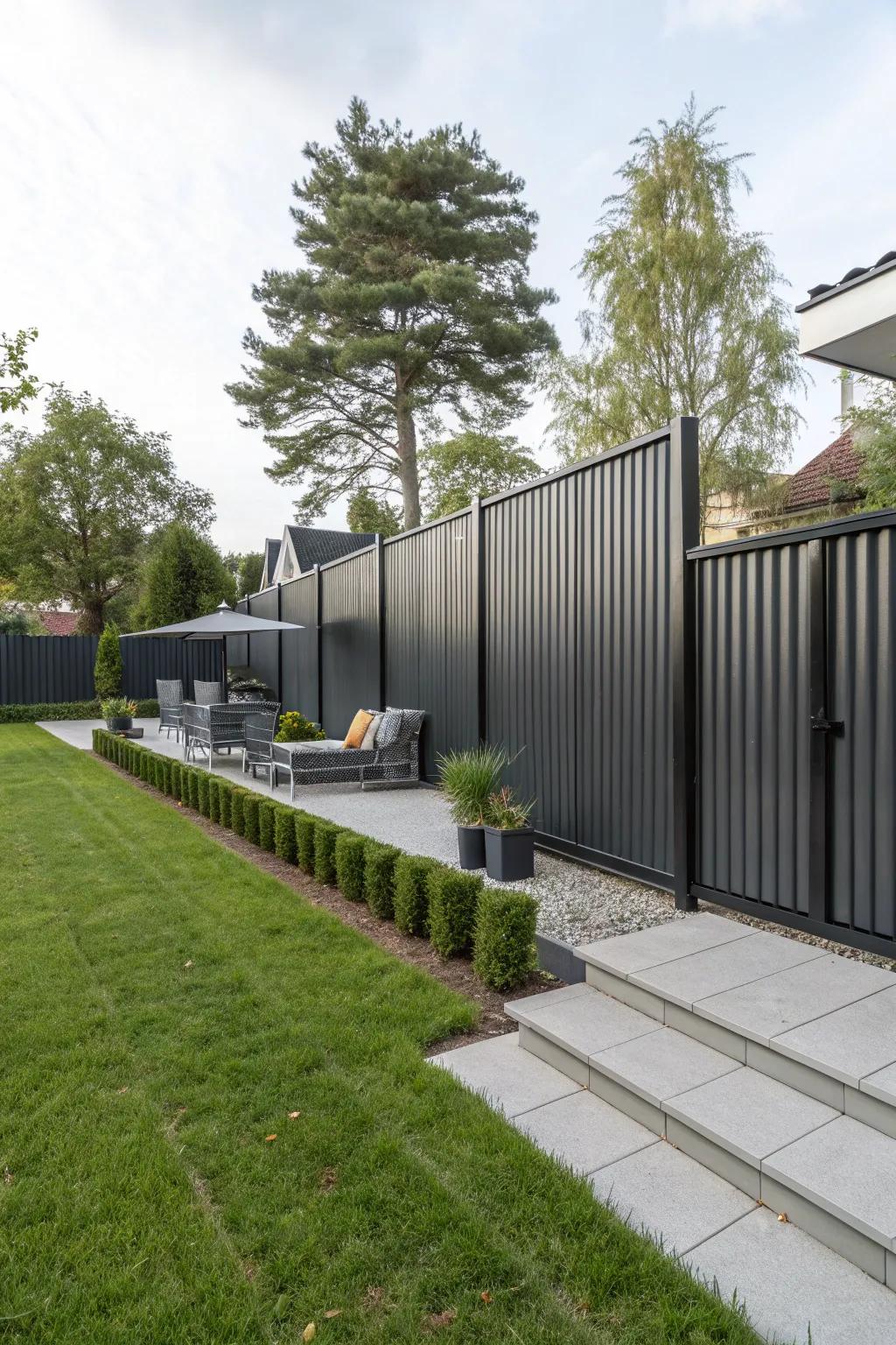 A modern backyard with a sleek, minimalist metal privacy fence.