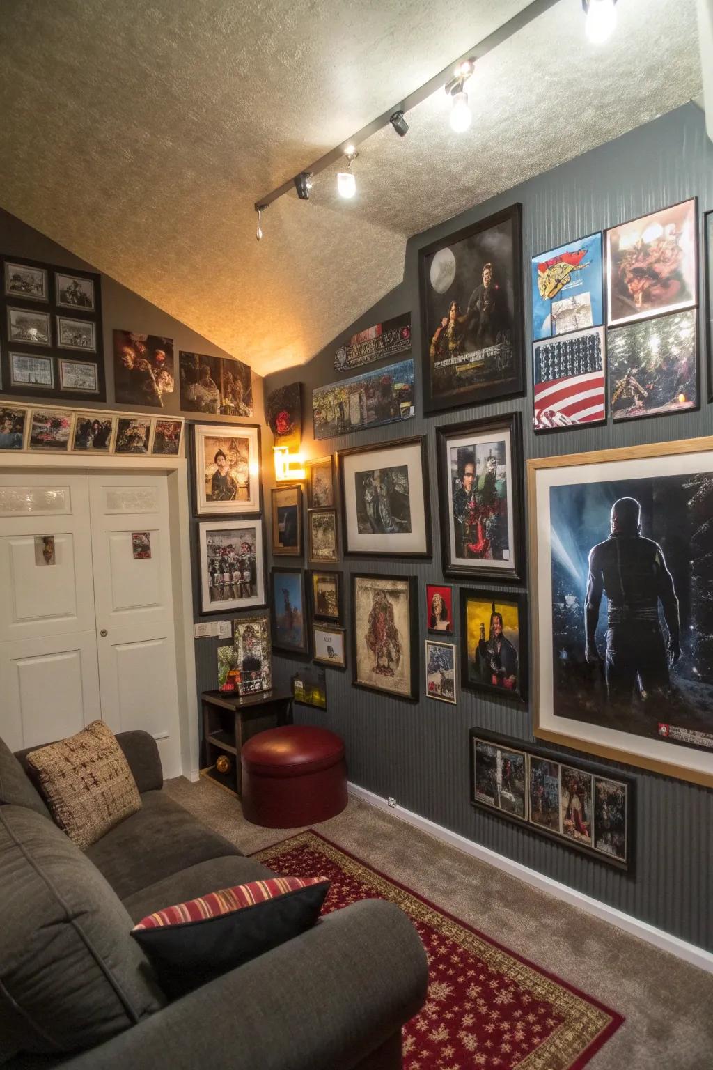 Personalized wall art adds character to a small man cave.