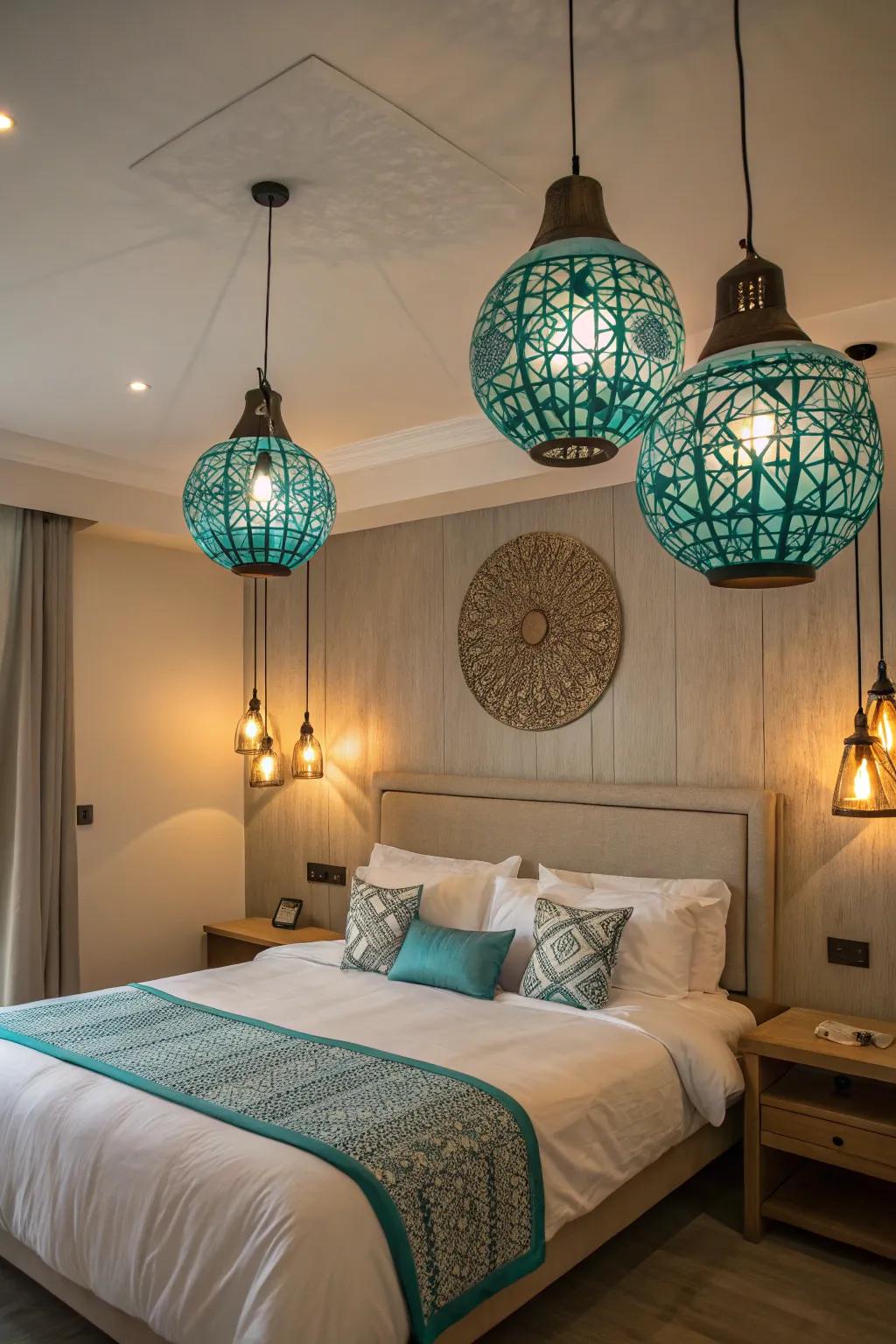 Turquoise lighting fills this bedroom with a warm and welcoming glow.