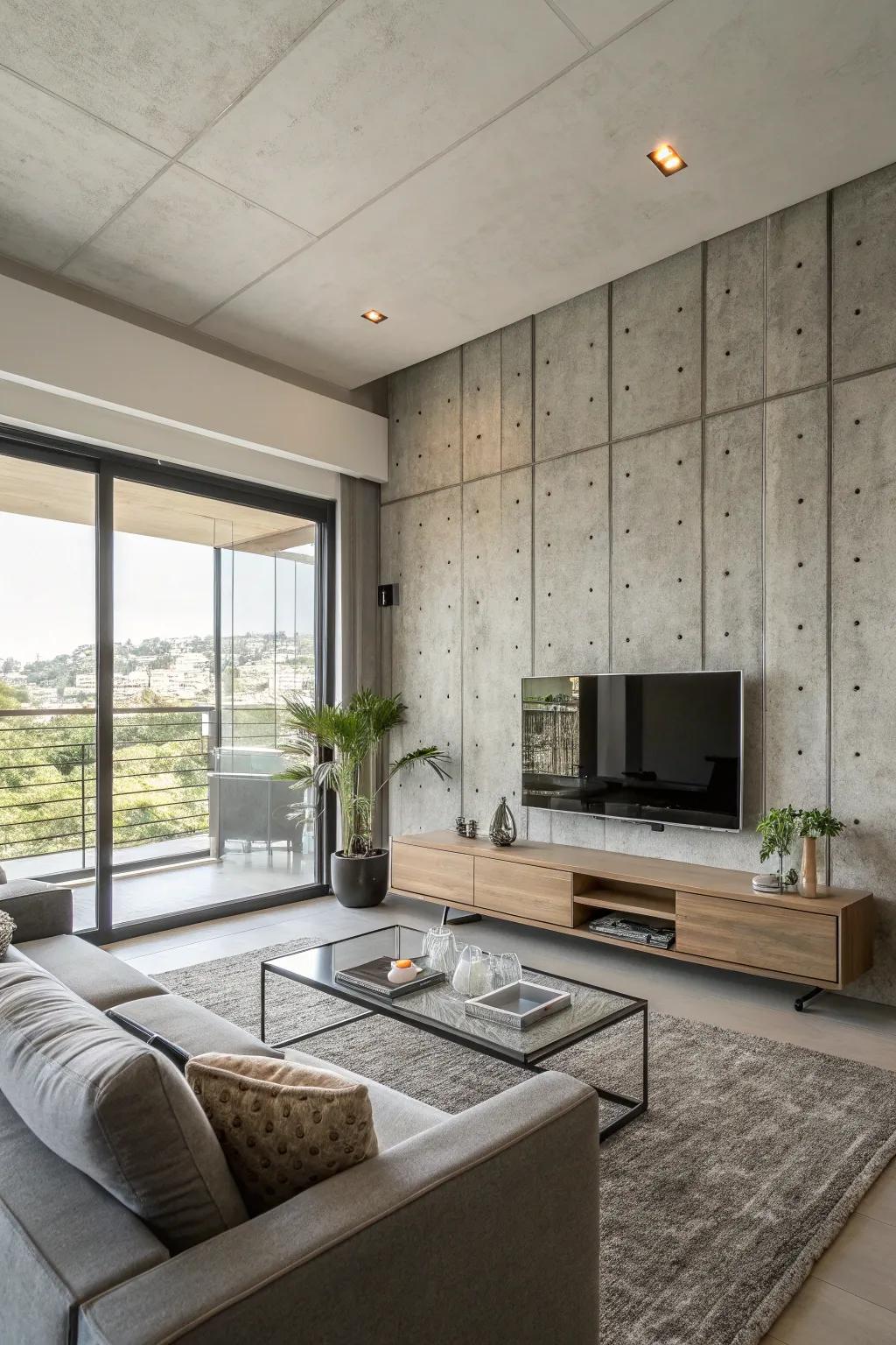 A concrete finish gives this TV accent wall a sleek, industrial feel.