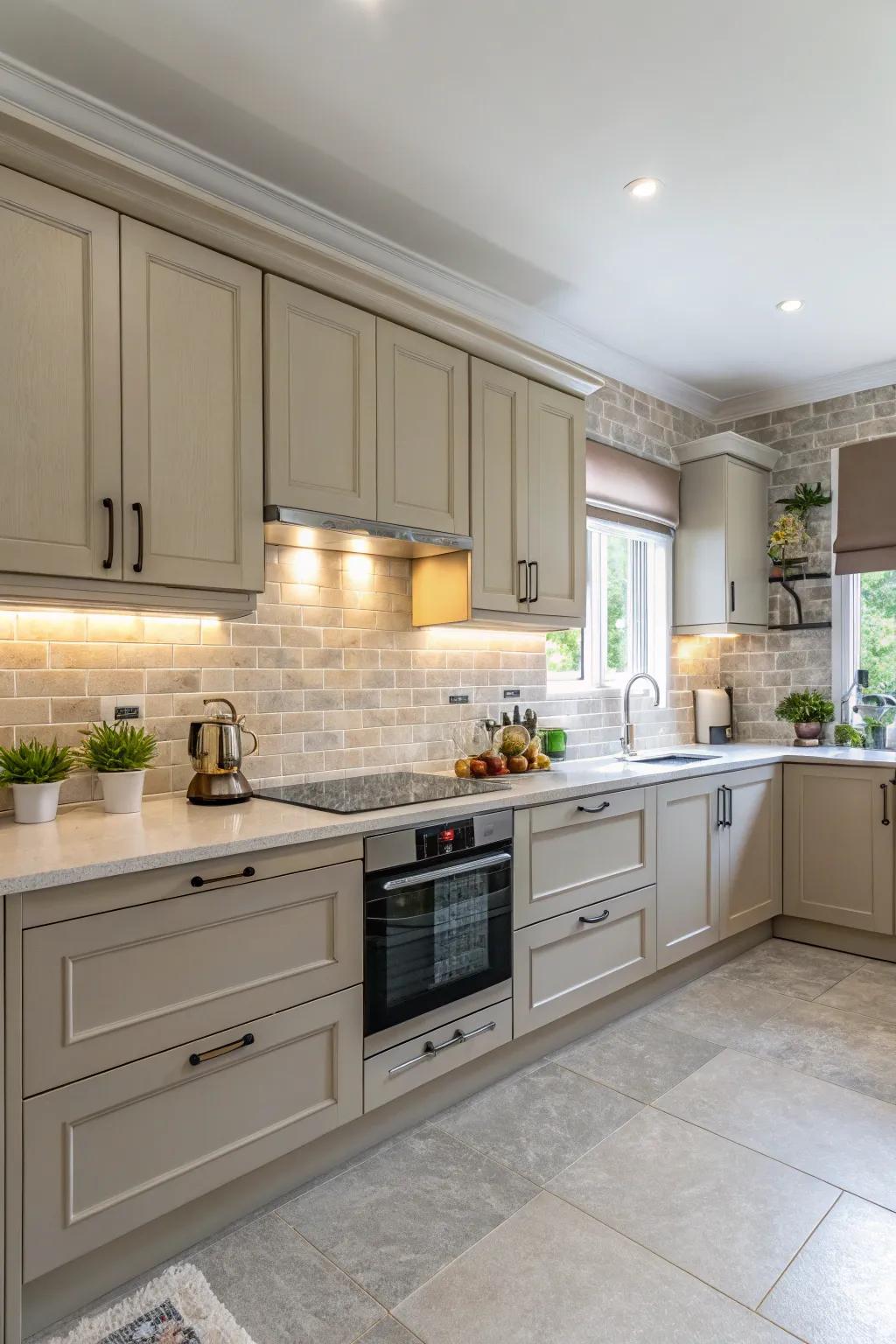 A harmonious kitchen with neutral tones in the backsplash.