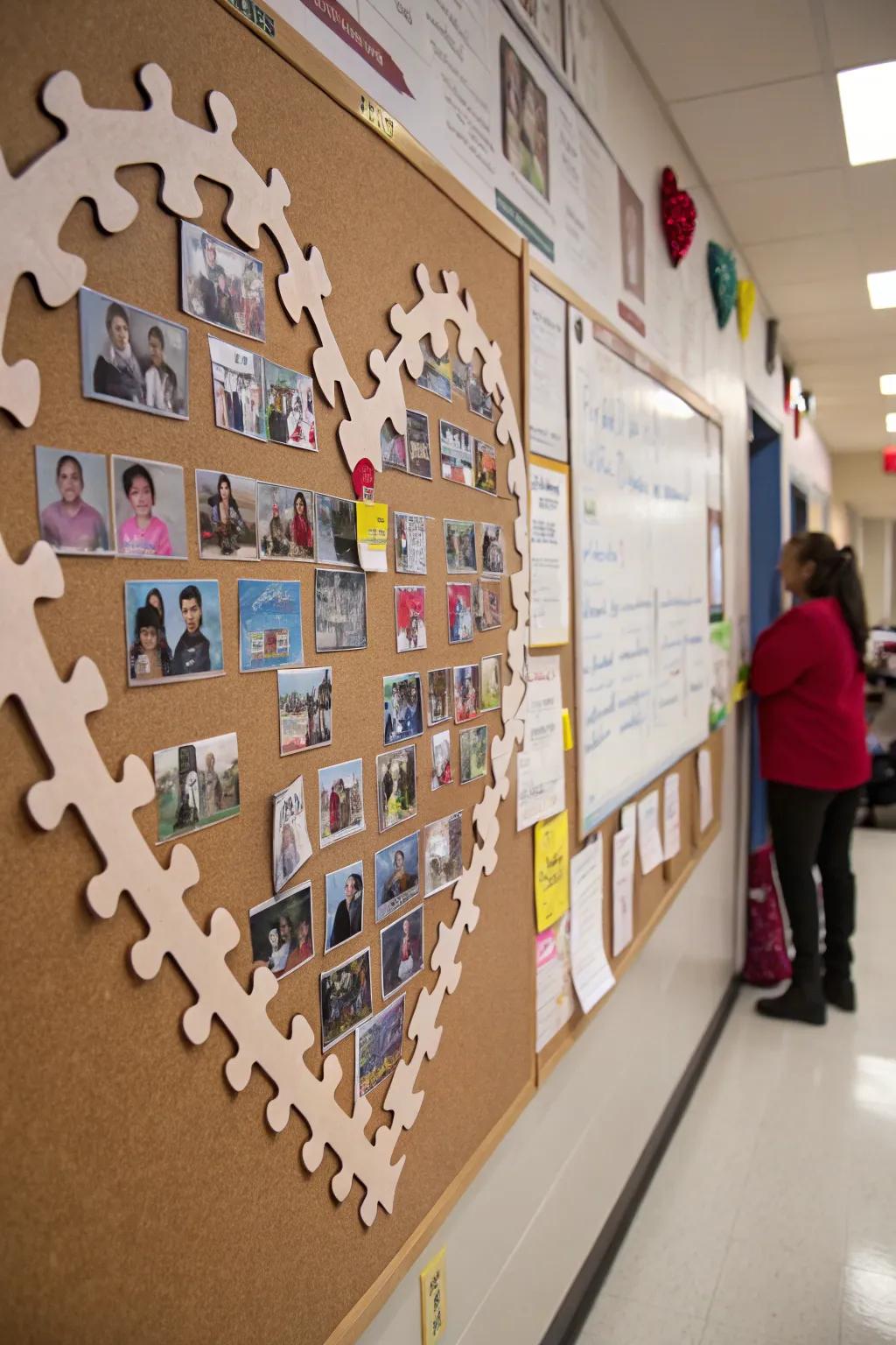 A Puzzle of Friendship bulletin board with pieces forming a heart.