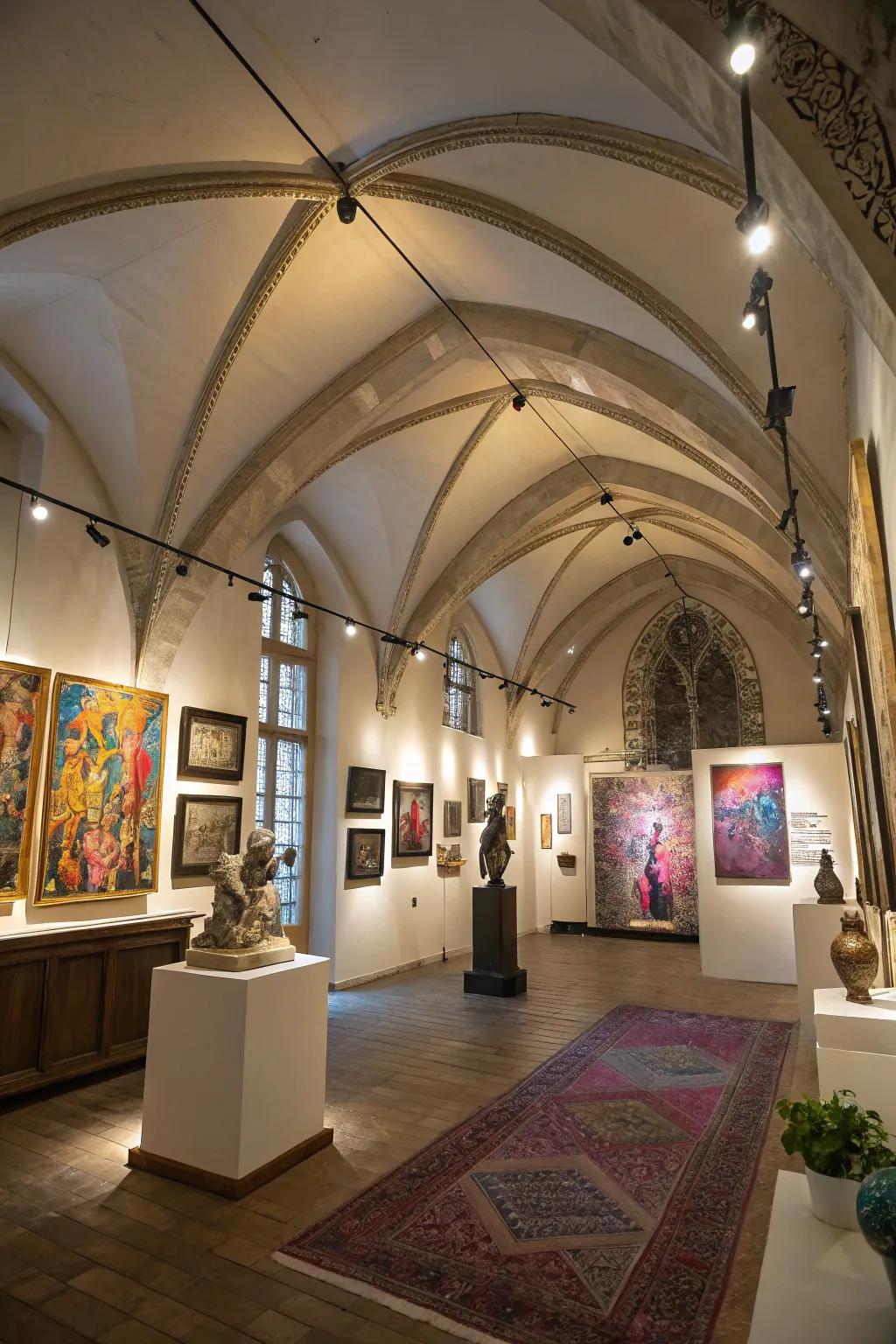 Accent lighting draws attention to artworks and architectural features.