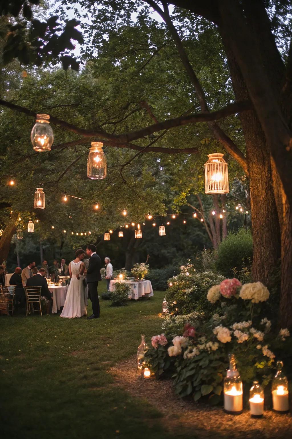 Mason container lights produce an enchanting ambiance at a retro celebration.