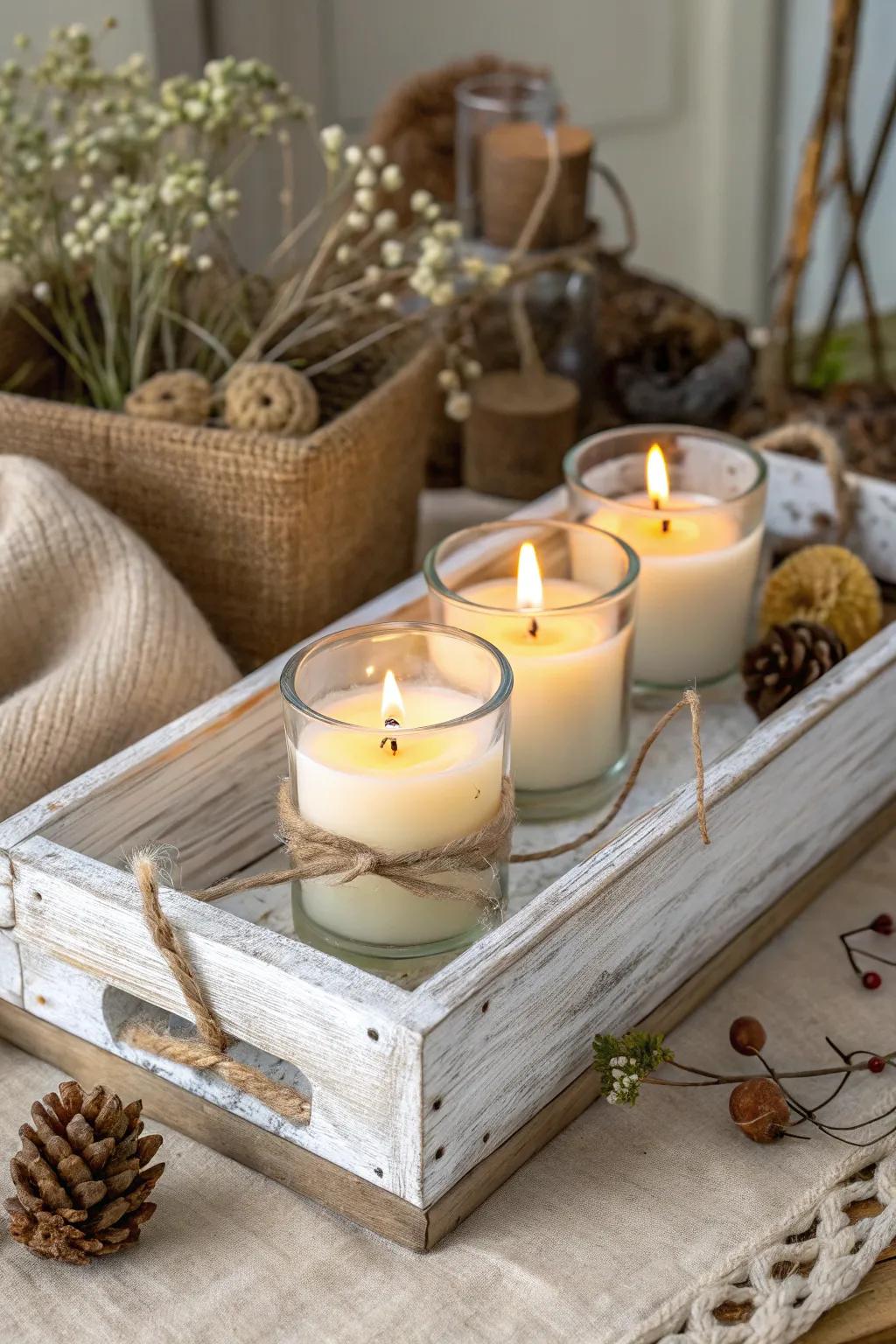 A wooden tray brings rustic charm to votive candle displays.