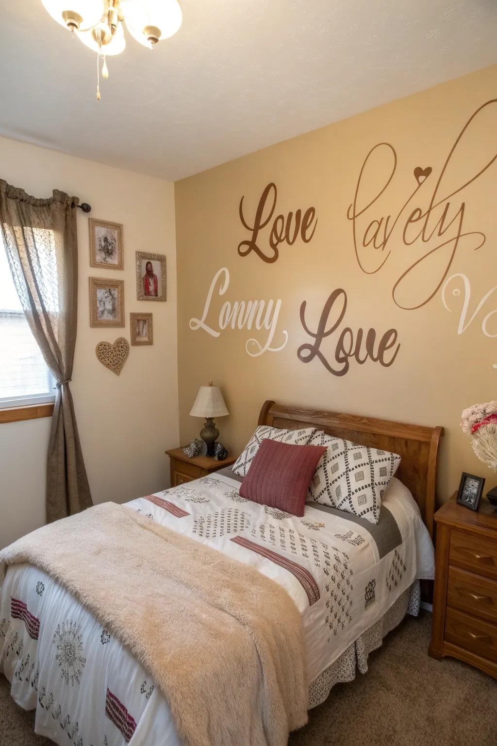 Personalized decals add a unique touch to this inviting bedroom.