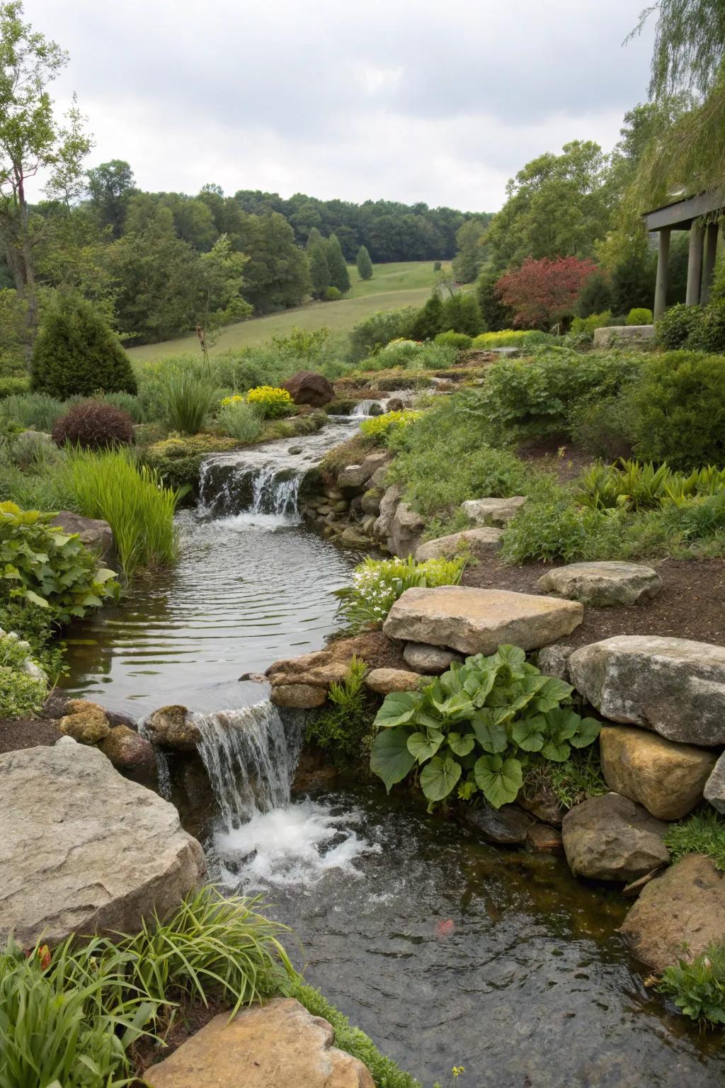 A stream waterfall adds a natural flow to your garden.