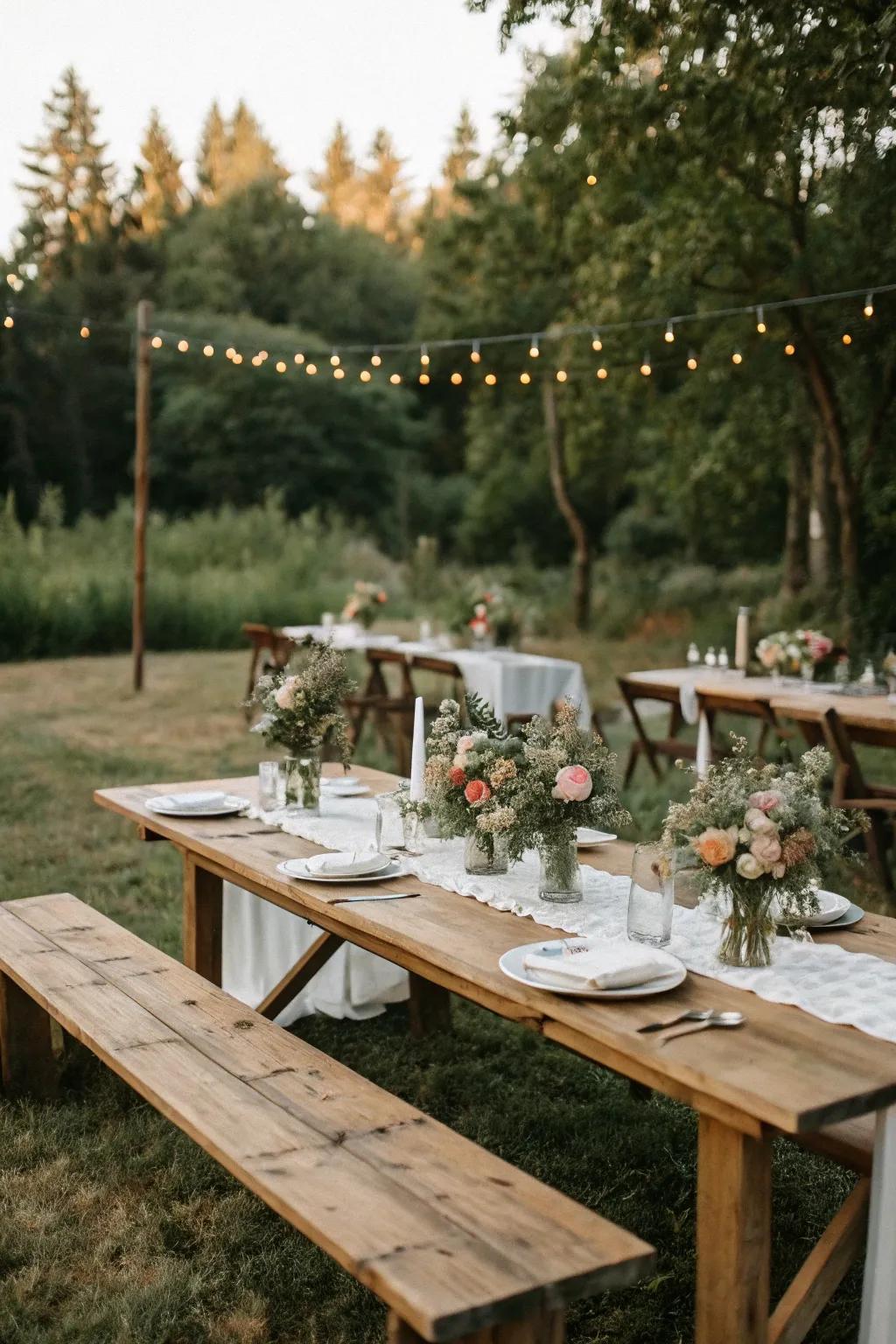 Outdoor arrangements present a country-style enchantment ideal for weddings.