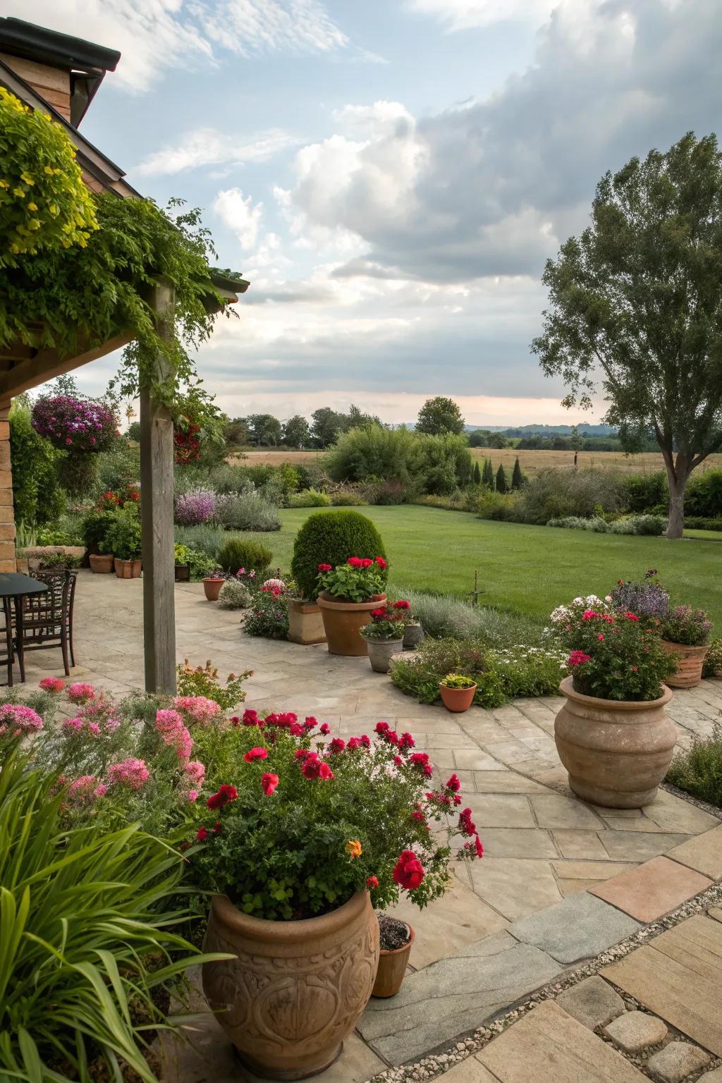 Lush greenery enhances the natural beauty of the patio.