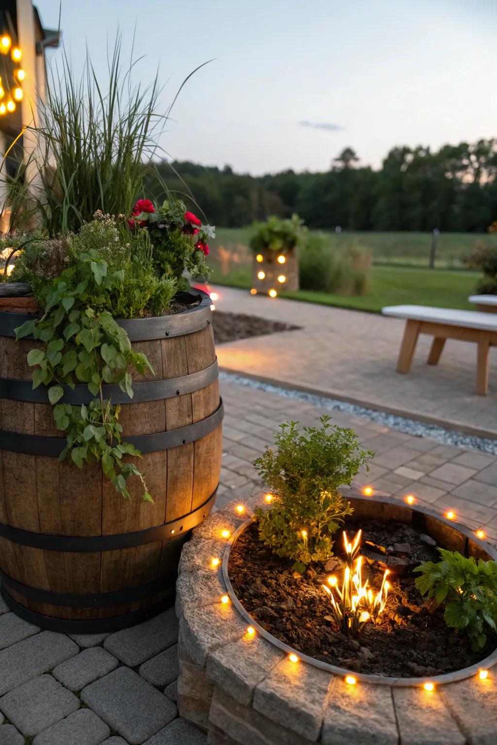 A cozy flame pit highlighted by a cask pot and LED lights.
