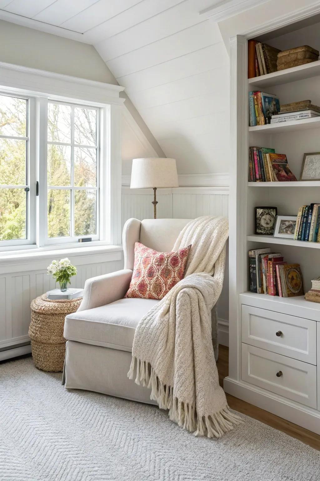 A cozy corner provides a personal retreat in a white bedroom.