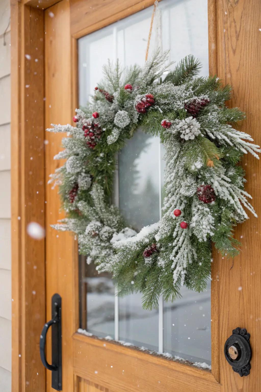 A white wreath sets the tone for a festive entrance.