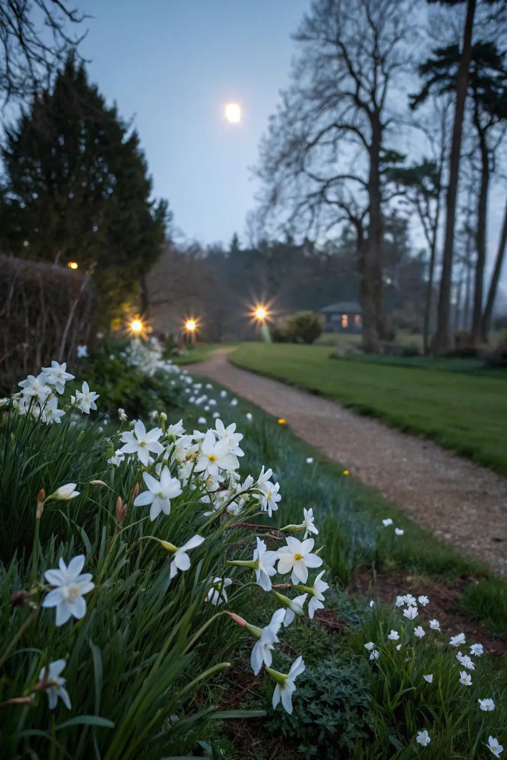 White flowers glow beautifully under moonlight, creating a magical garden scene.