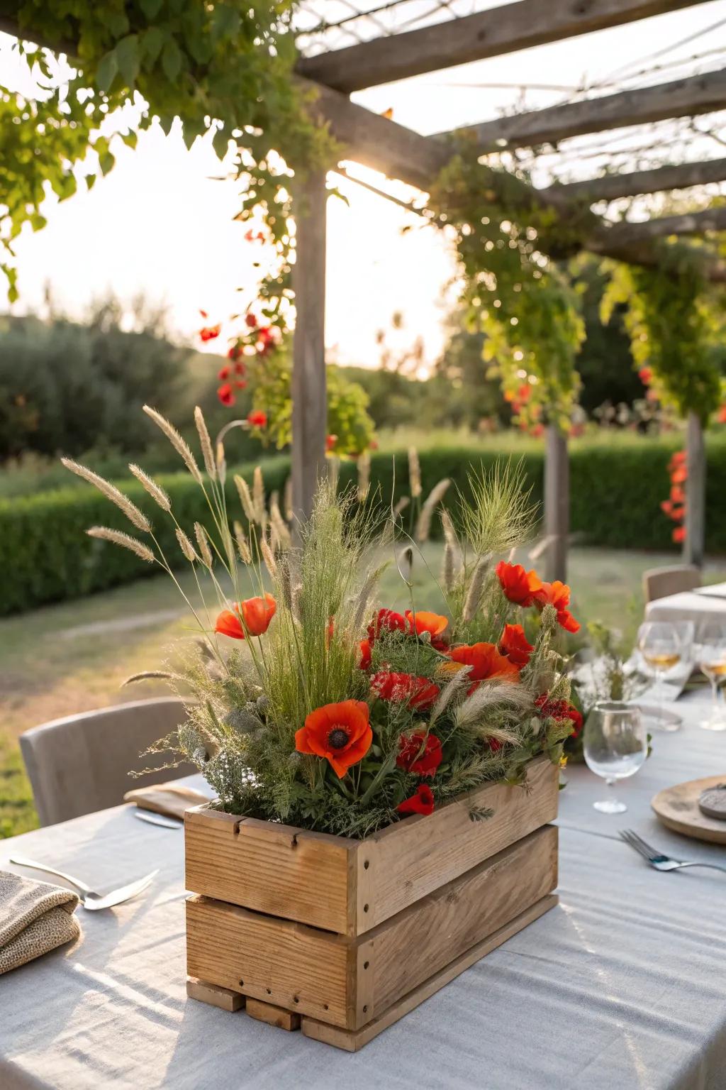 A wooden box serves as a rustic vessel for a wildflower arrangement.