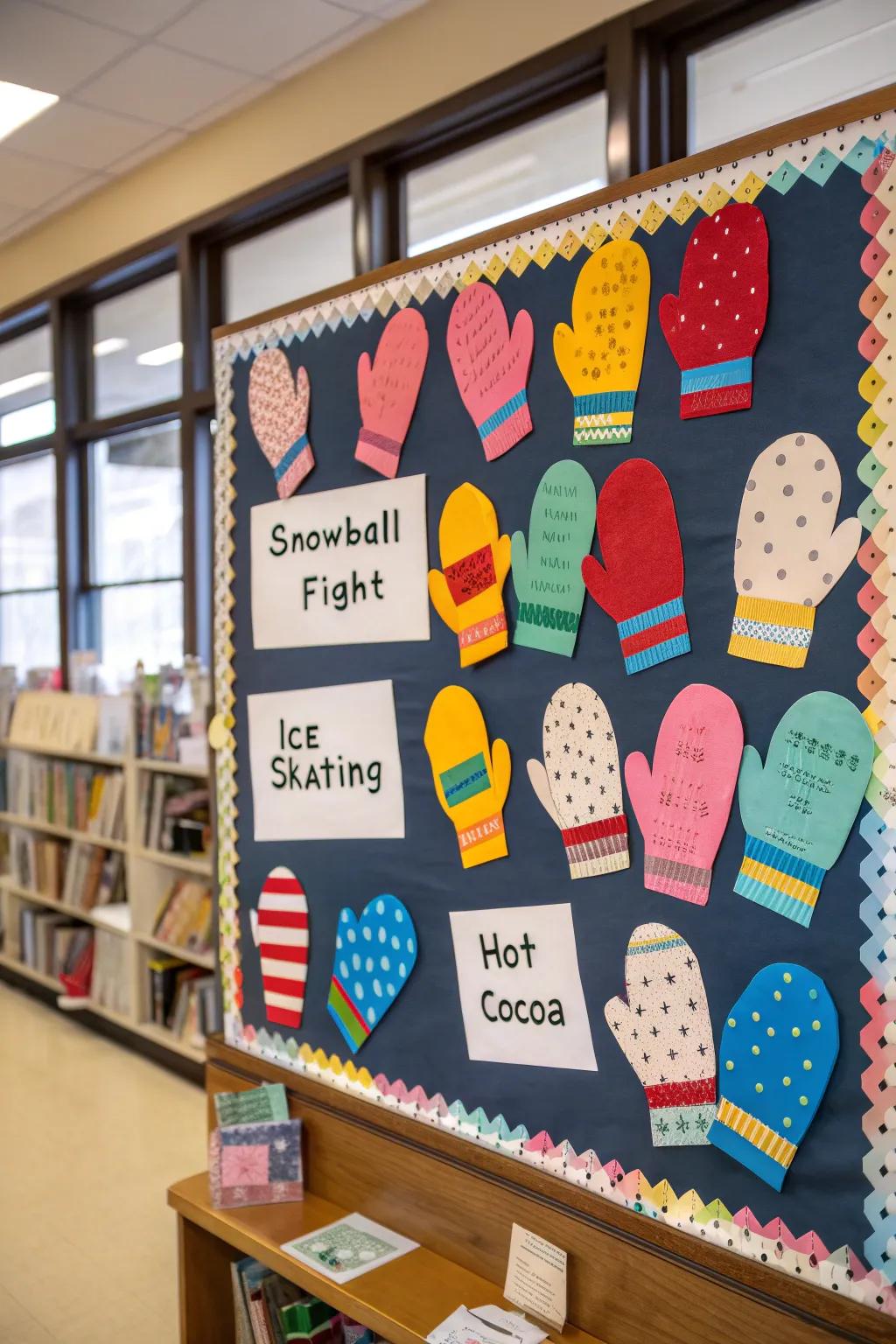 A mitten display brimming with students' cherished winter pastimes introduces a personal touch.