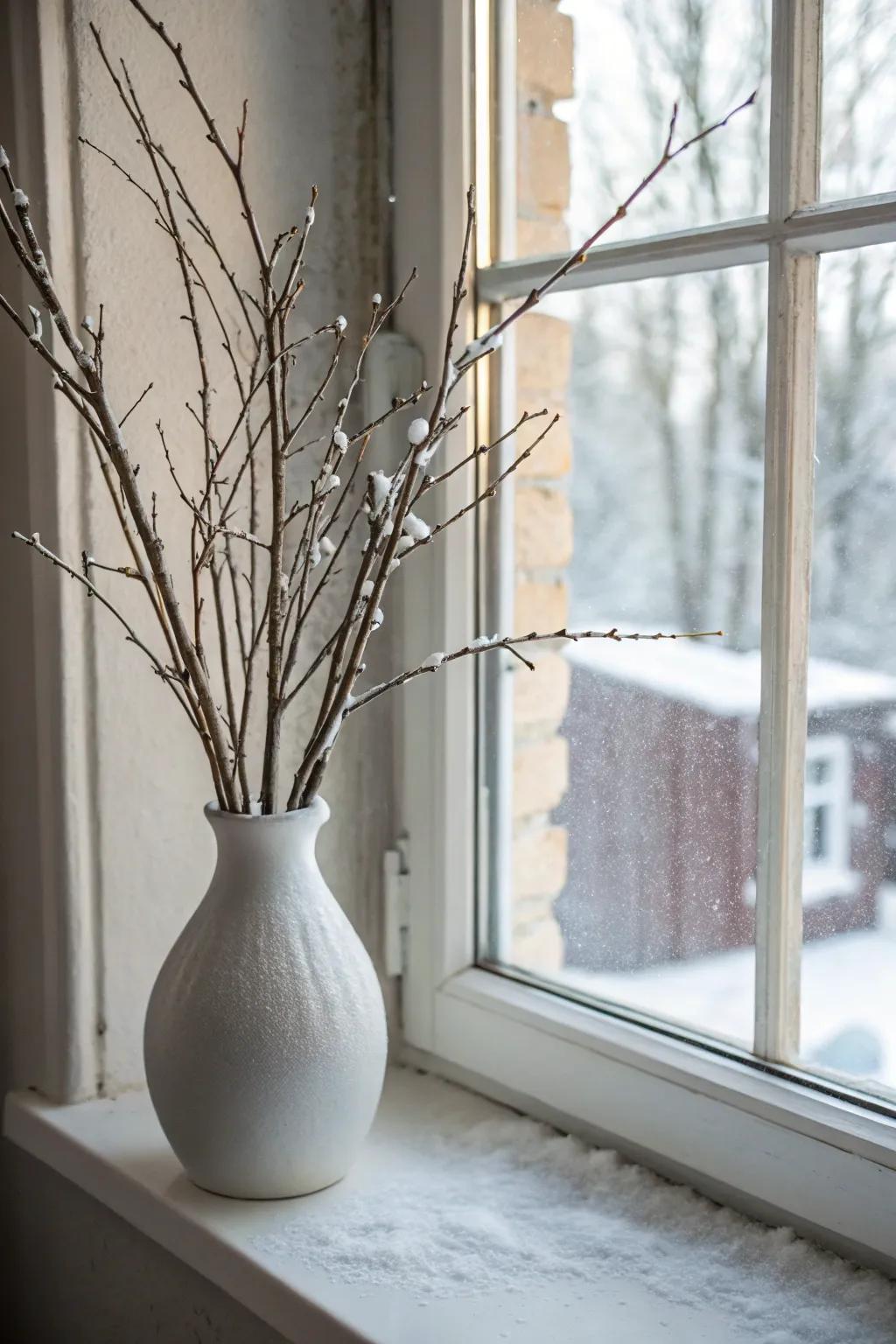 Snowy branches evoke the tranquility of a winter landscape.