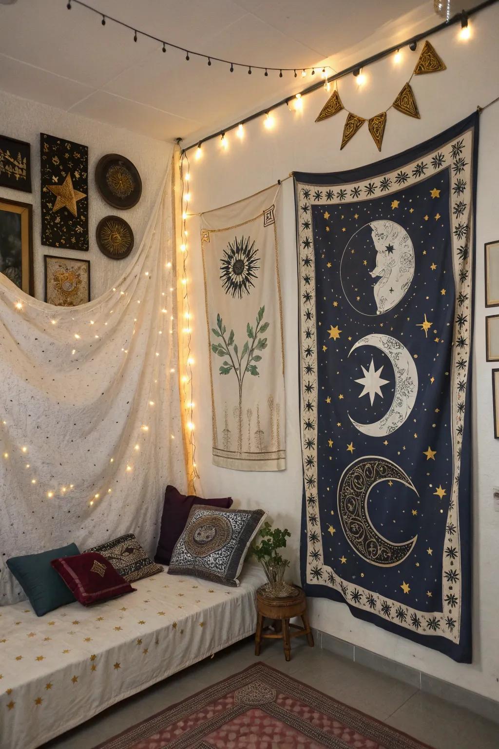 Celestial symbols add a mystical touch to your witch room decor.