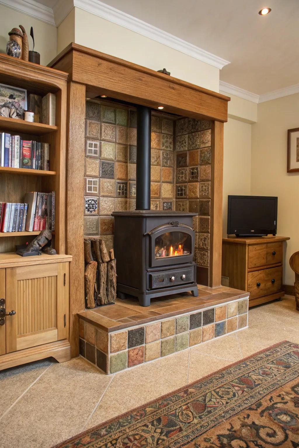 Tile surrounds with built-in storage add practicality and charm to your wood stove area.