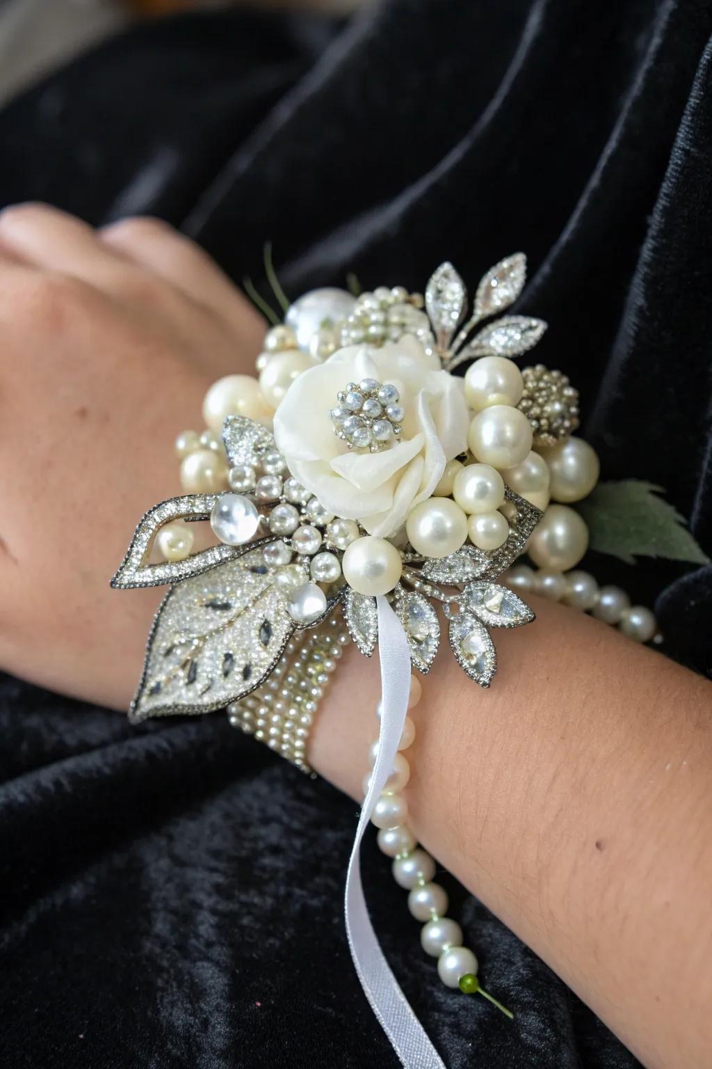 Glamorous wrist adornment with pearls and gems.