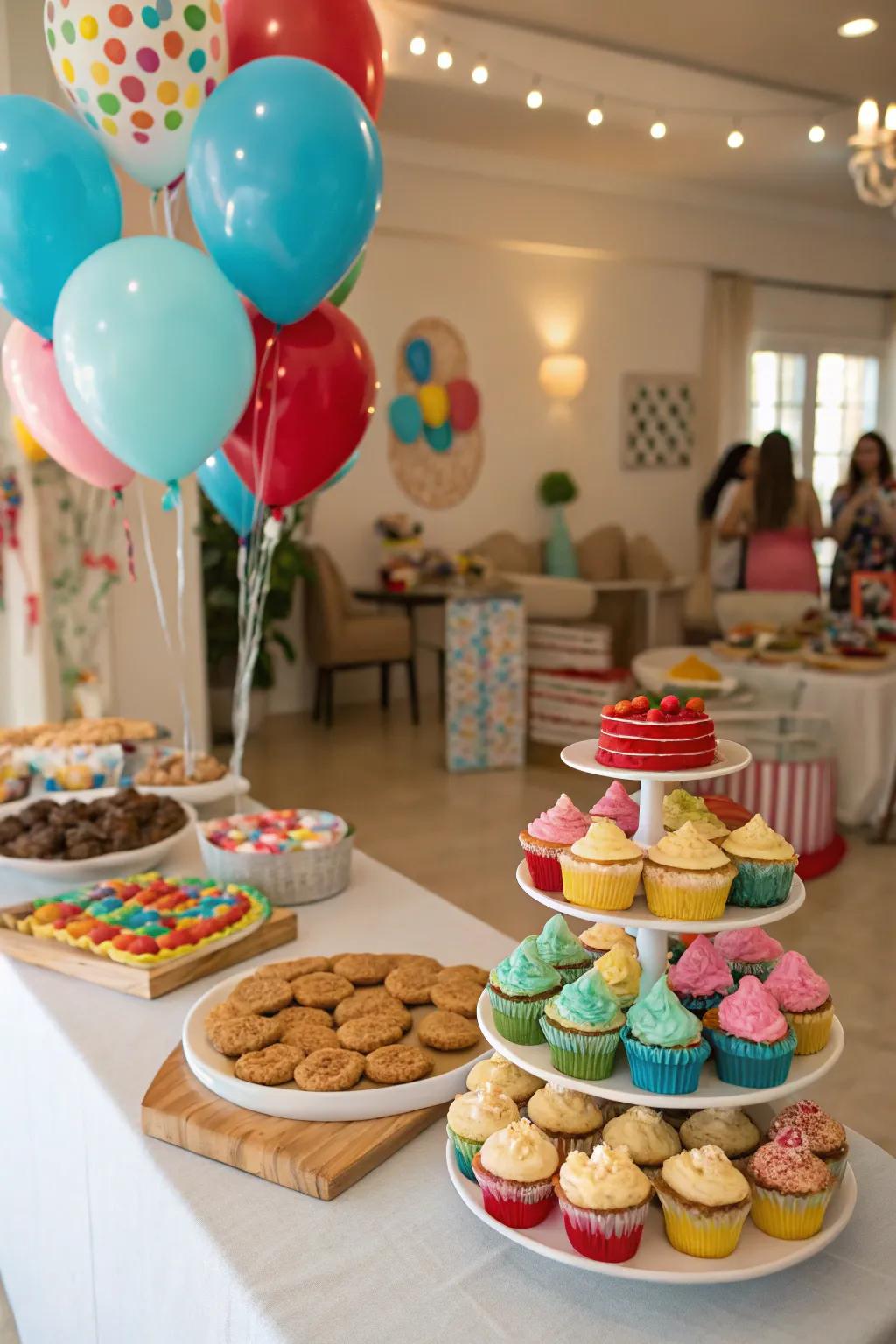 A delightful dessert table is a sweet highlight of a first birthday party.