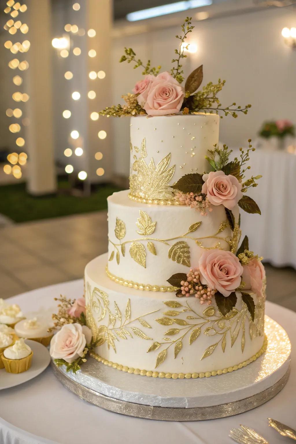 A stunning anniversary cake adorned with gold details and flowers.