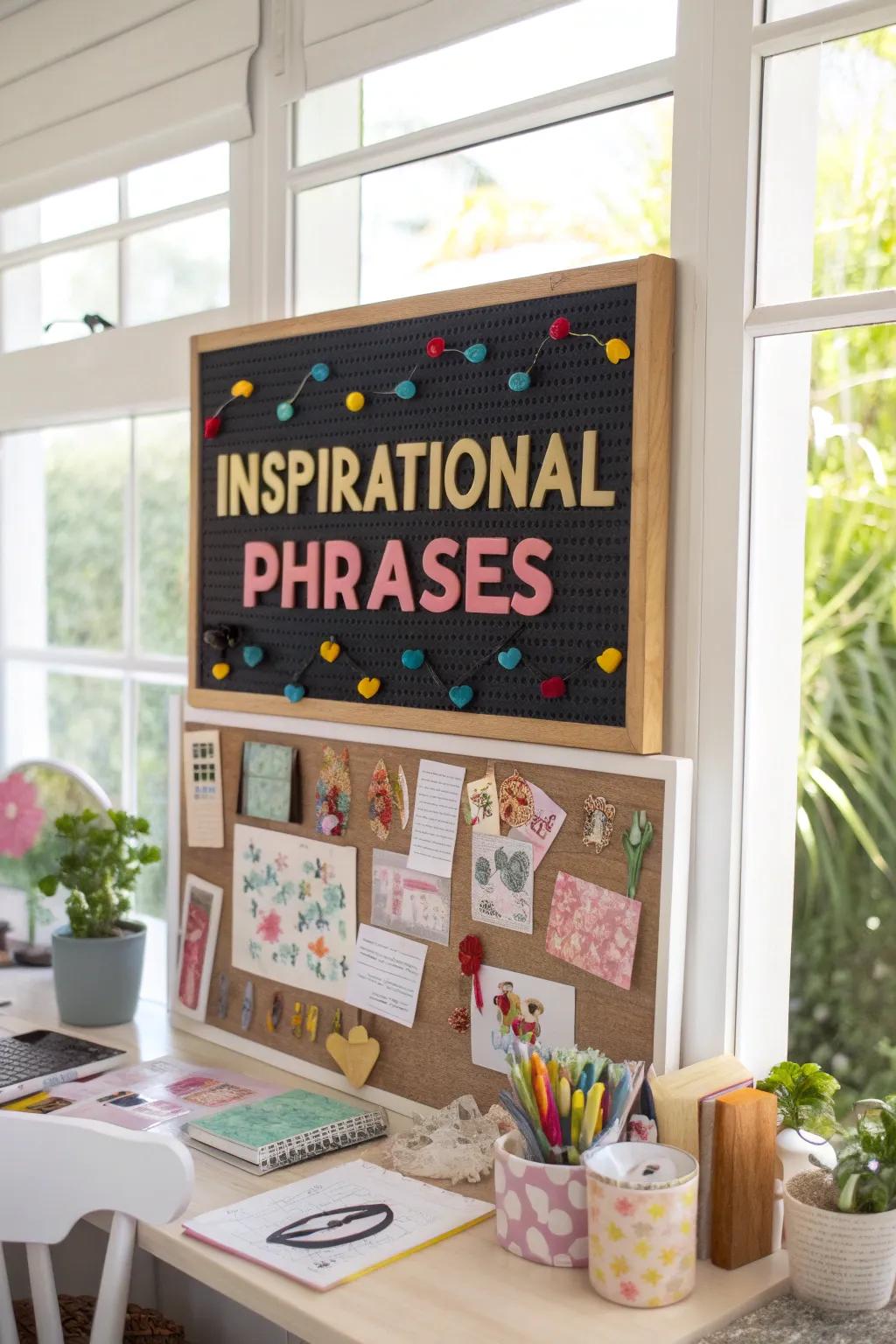 Motivational messages on a bulletin board in bold, colorful letters.